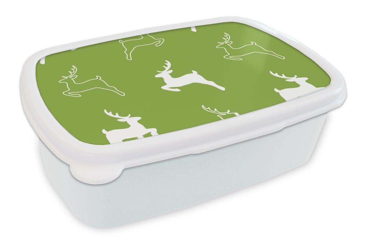 MuchoWow Lunchbox Hirsche - Grün - Muster, Kunststoff, (2-tlg), Brotbox für Kinder und Erwachsene, Brotdose, für Jungs und Mädchen weiß