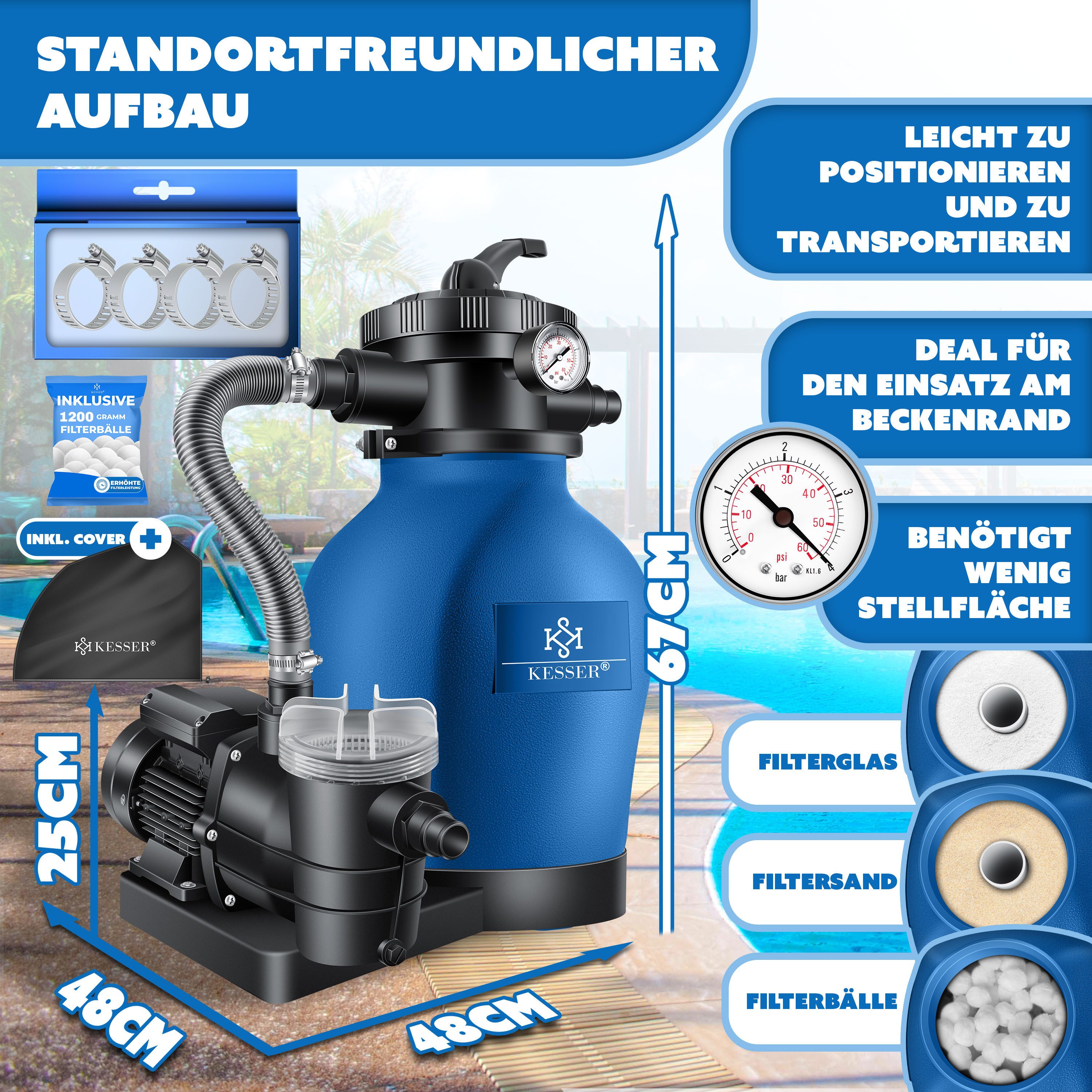 KESSER Sandfilteranlage 600W Sandfilter für Pools 13200L/h Durchfluss Poolfilter 7-Wege Ventil (Filteranlage mit Pumpe, 1200g Filterbälle Druckmanometer, Abdeckung), Tankvolumen für bis 30kg Sand Professionelle Poolwasserfilterung