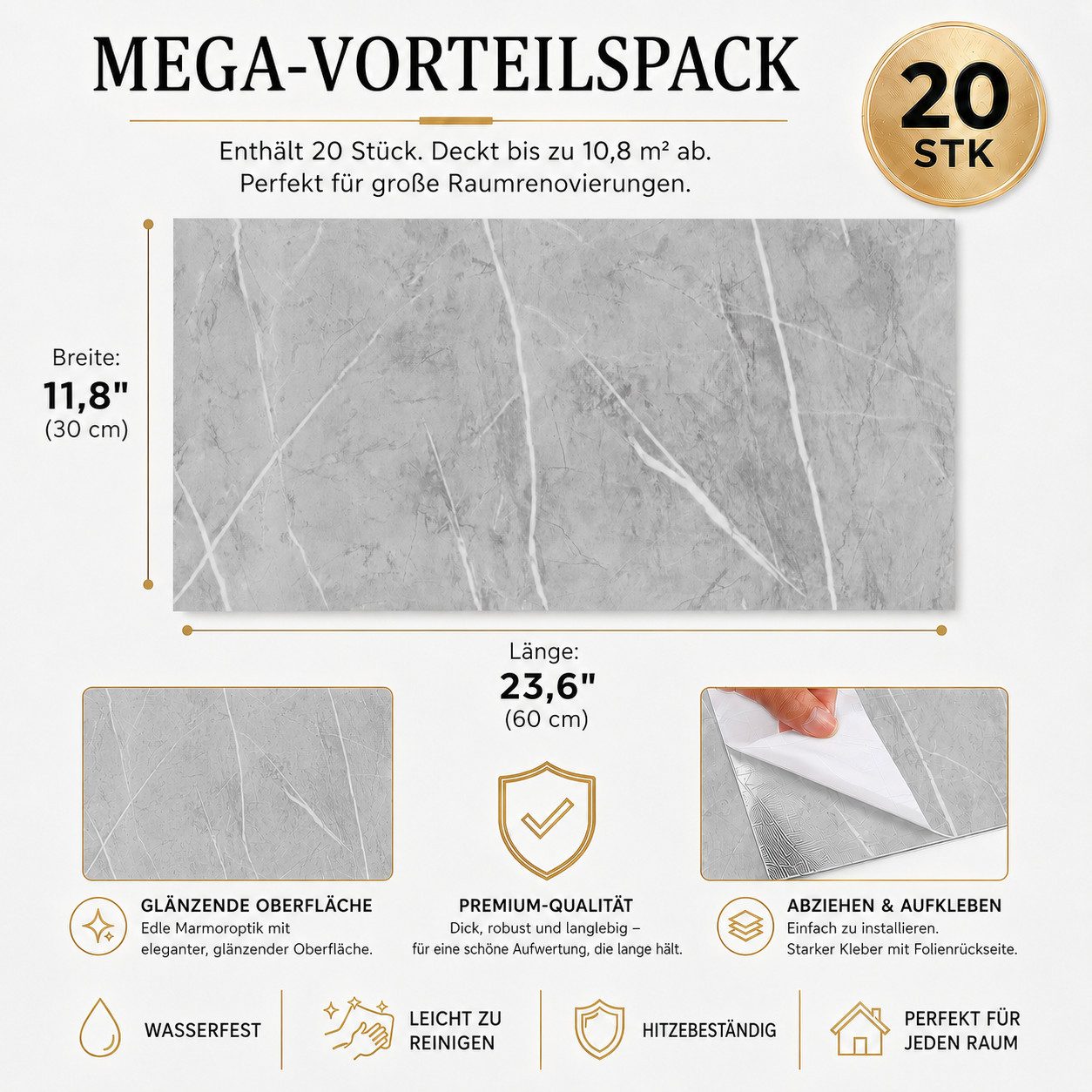 BlingBin Wandpaneel 20 Stück Wandaufkleber selbstklebend, klebepaneele 60 x 30 cm, BxL: 30x60 cm, 0,18 qm, (20er Set Wandpaneele, 20-tlg., wanddekor) wandverkle – Bild 2 von 5