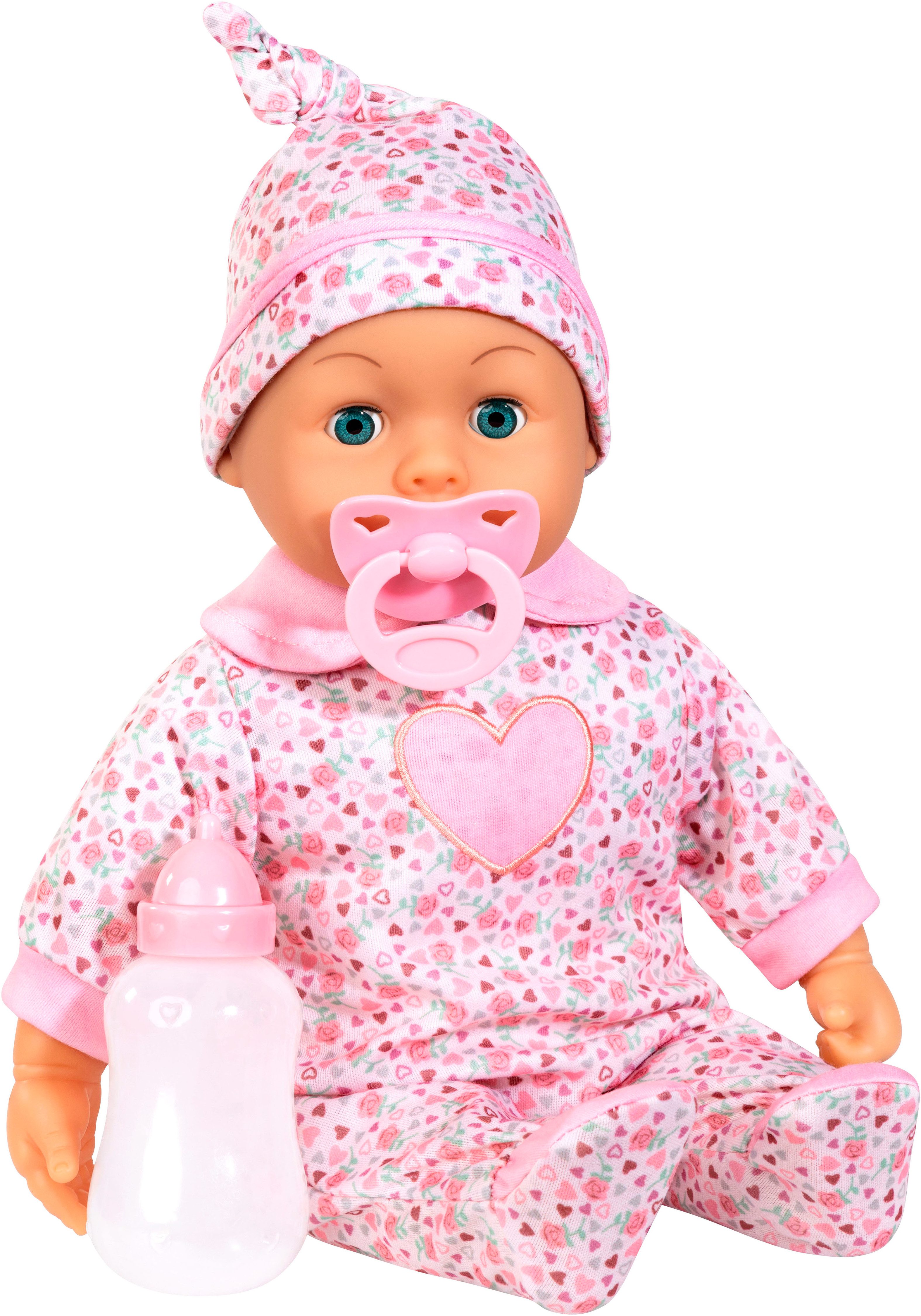 Bayer Babypuppe First Words Baby, 38 cm, Herzen rosa (3-tlg), mit Schlafaugen und Babygeräuschen