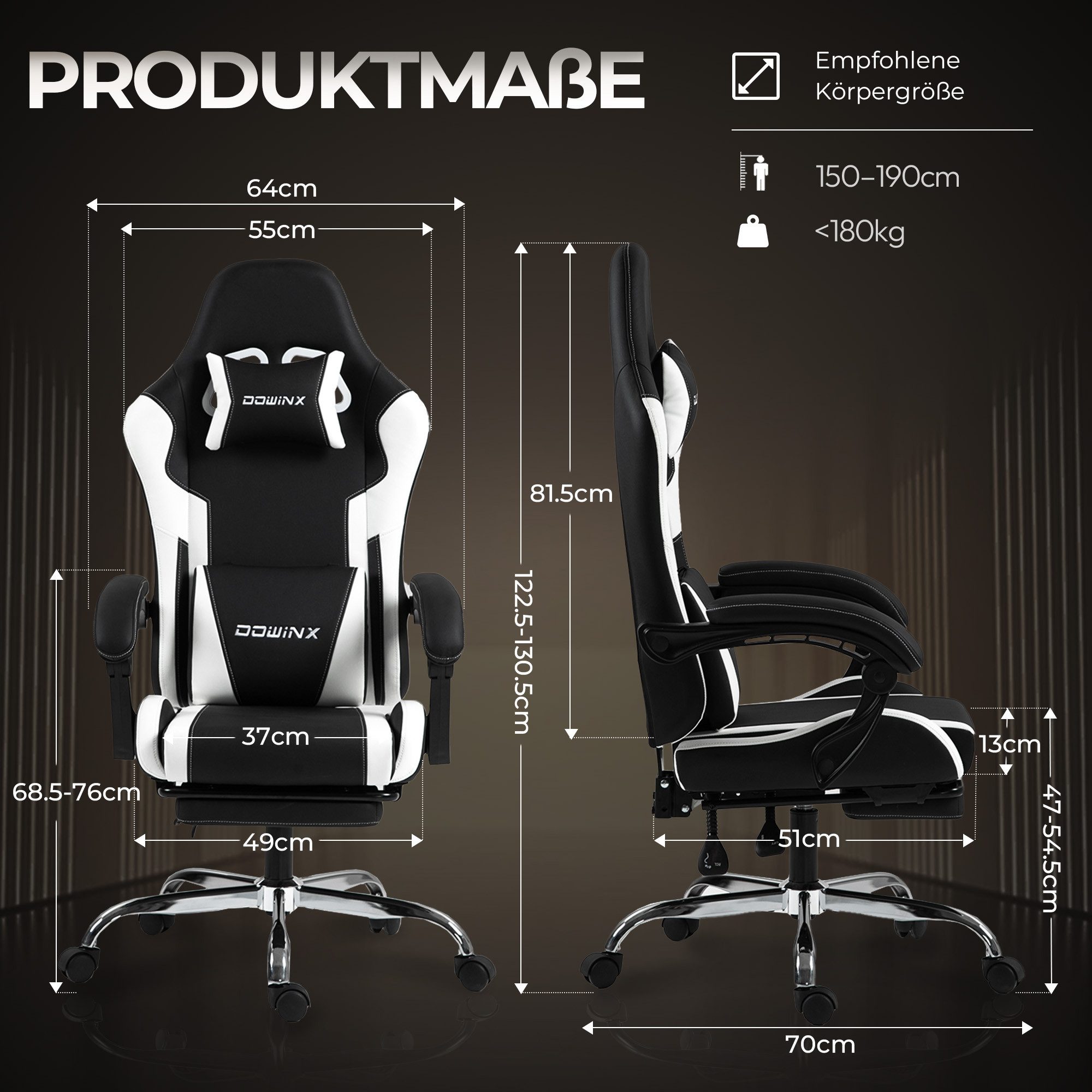 Dowinx Gaming-Stuhl Ergonomischer Gamer Stuhl für Büro und Home Office (Packung), Verstellbarer Bürostuhl mit Rückenlehne bis 150°, mit Fußstütze
