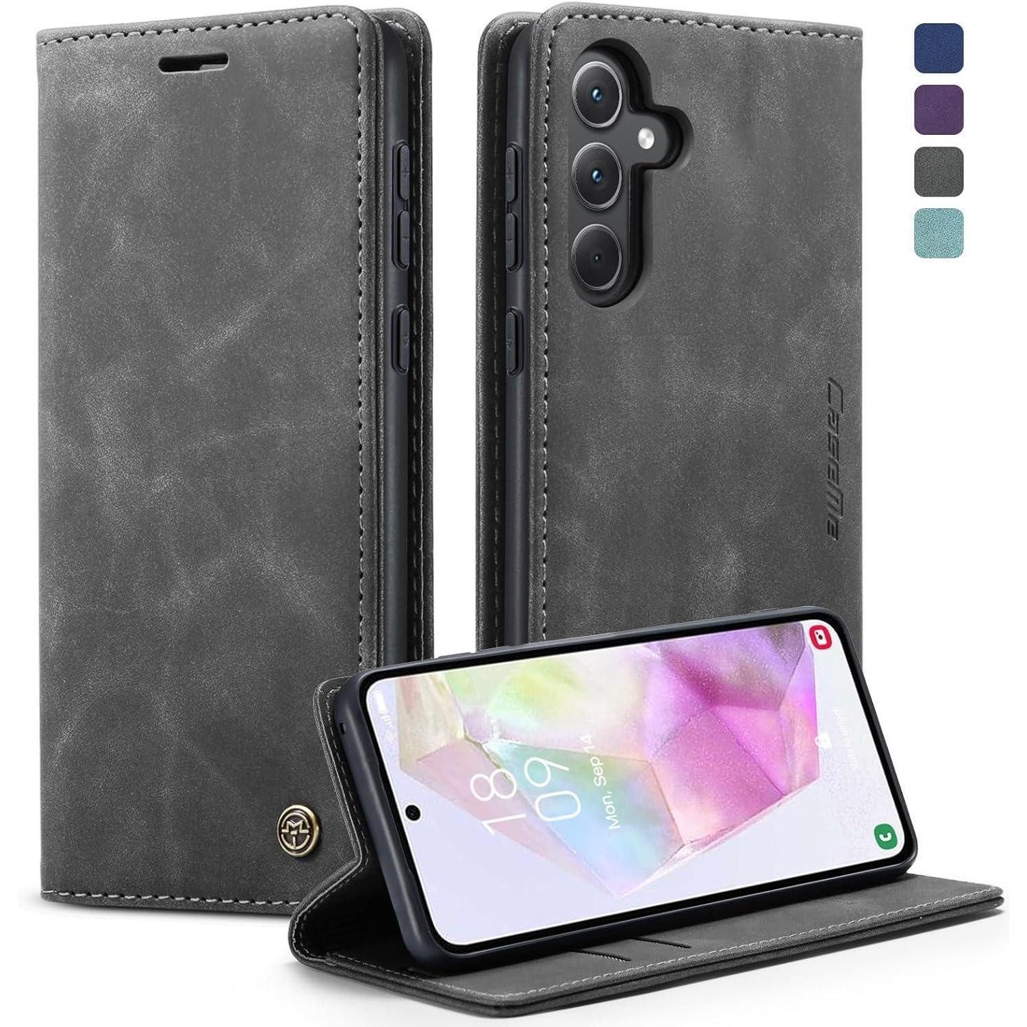 LuxusKollektion Flip Case Handyhülle Samsung Galaxy A35 5G Leder Klapphülle Grau Magnet