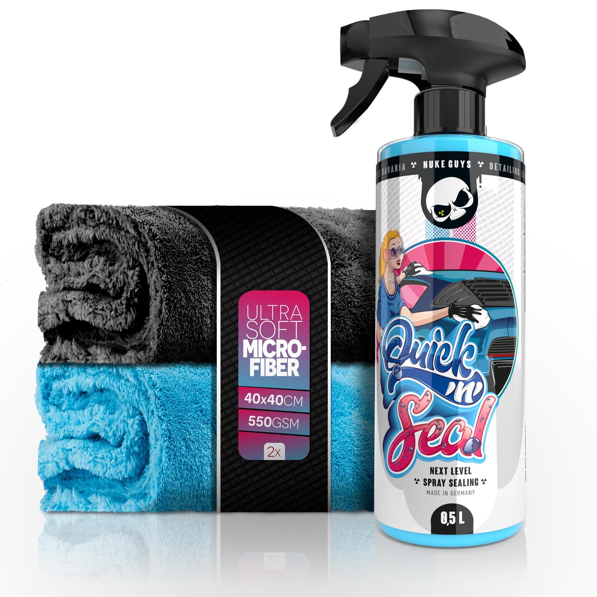 Nuke Guys Auto Lackversiegelung Set Nuke Guys Quick'n'Seal 500ml + 2x Poliertuch Felgenversiegelung (3 St), Sprühversiegelung für Scheibe, Lack, Felgen