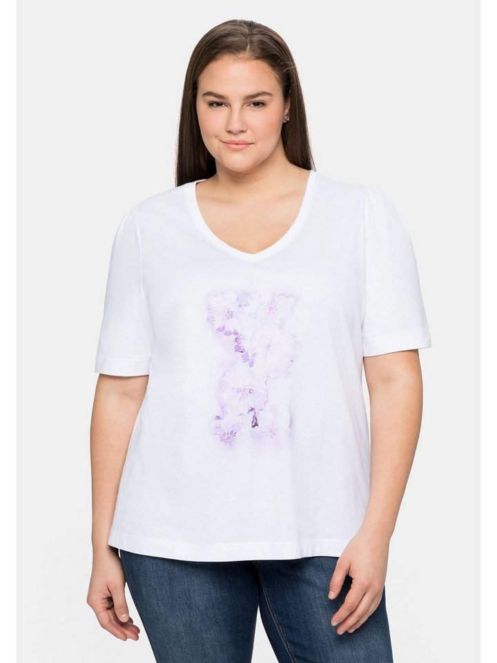 Sheego T-Shirt Große Größen aus Baumwolle mit Frontdruck, Gerundeter Saum  mit verlängerter Rückenpartie