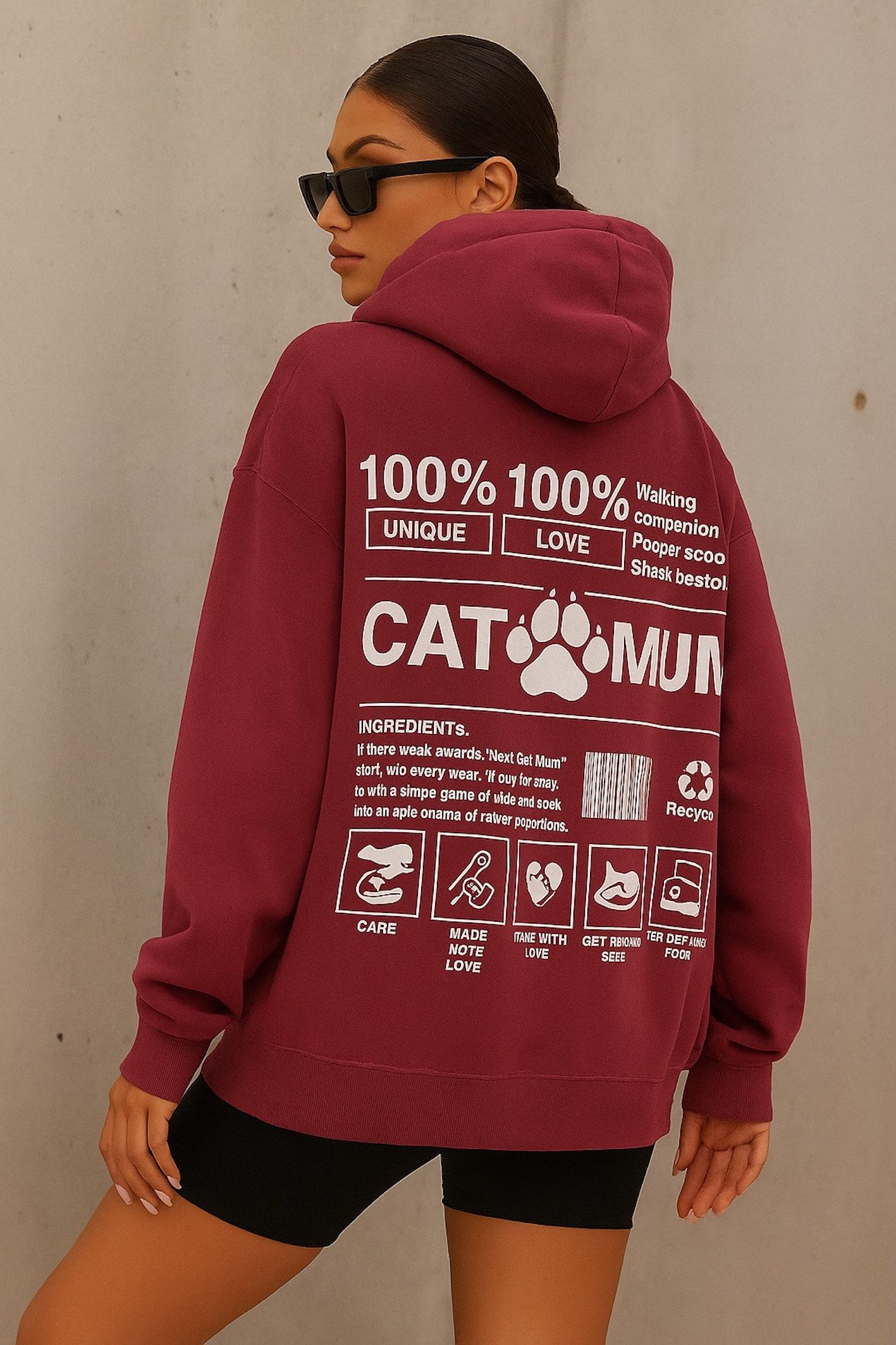 Worldclassca Hoodie Worldclassca Oversized CAT MUM Print Hoodie Kapuzenpullover Sweatshirt PRINT CAT MUM 100% LOVE PLAY