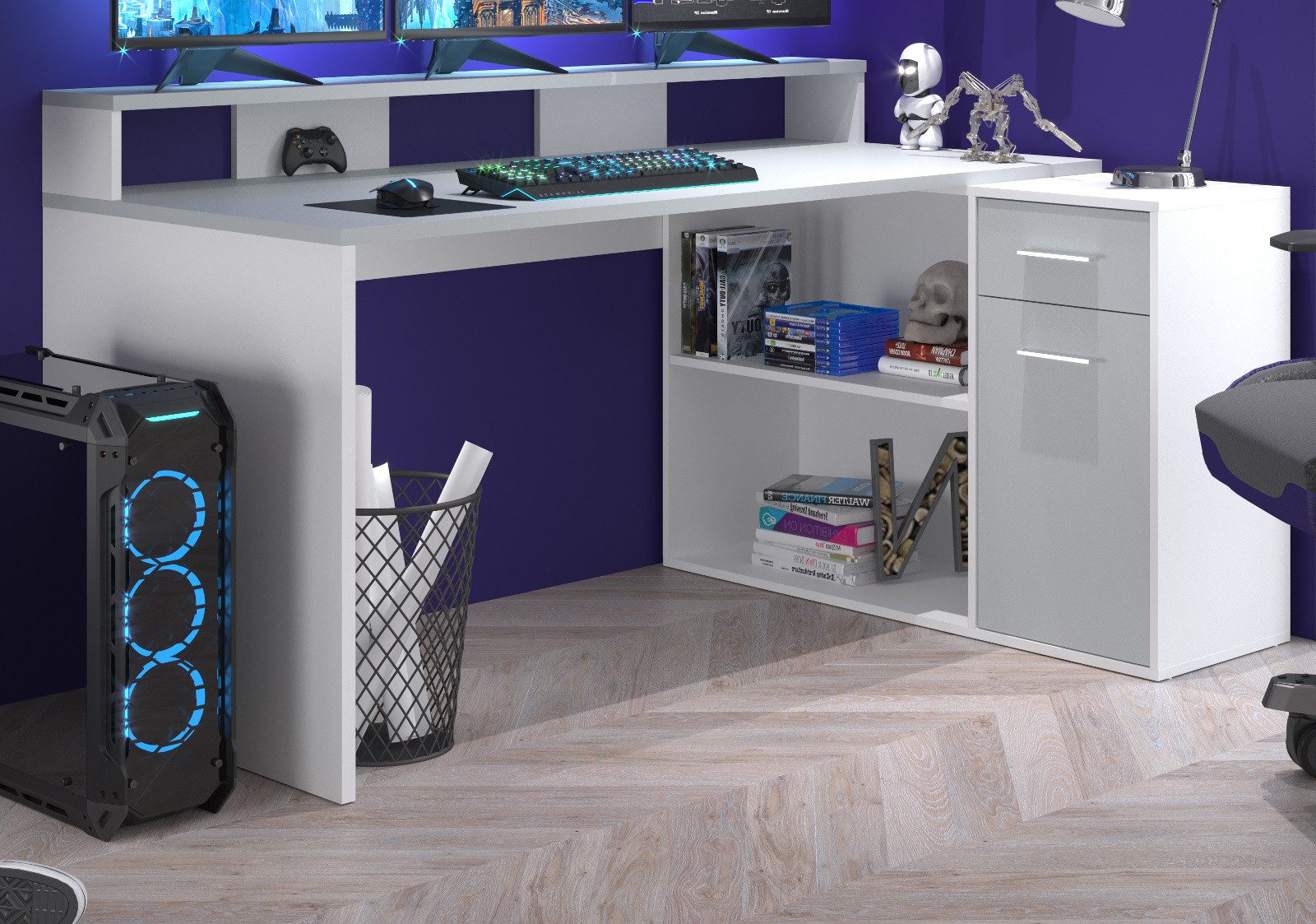 trendteam Schreibtisch Gamer (Winkelschreibtisch oder gerade stellbar, 160 - 200 cm), 4 verschiedene Aufbaumöglichkeiten, mit viel Stauraum