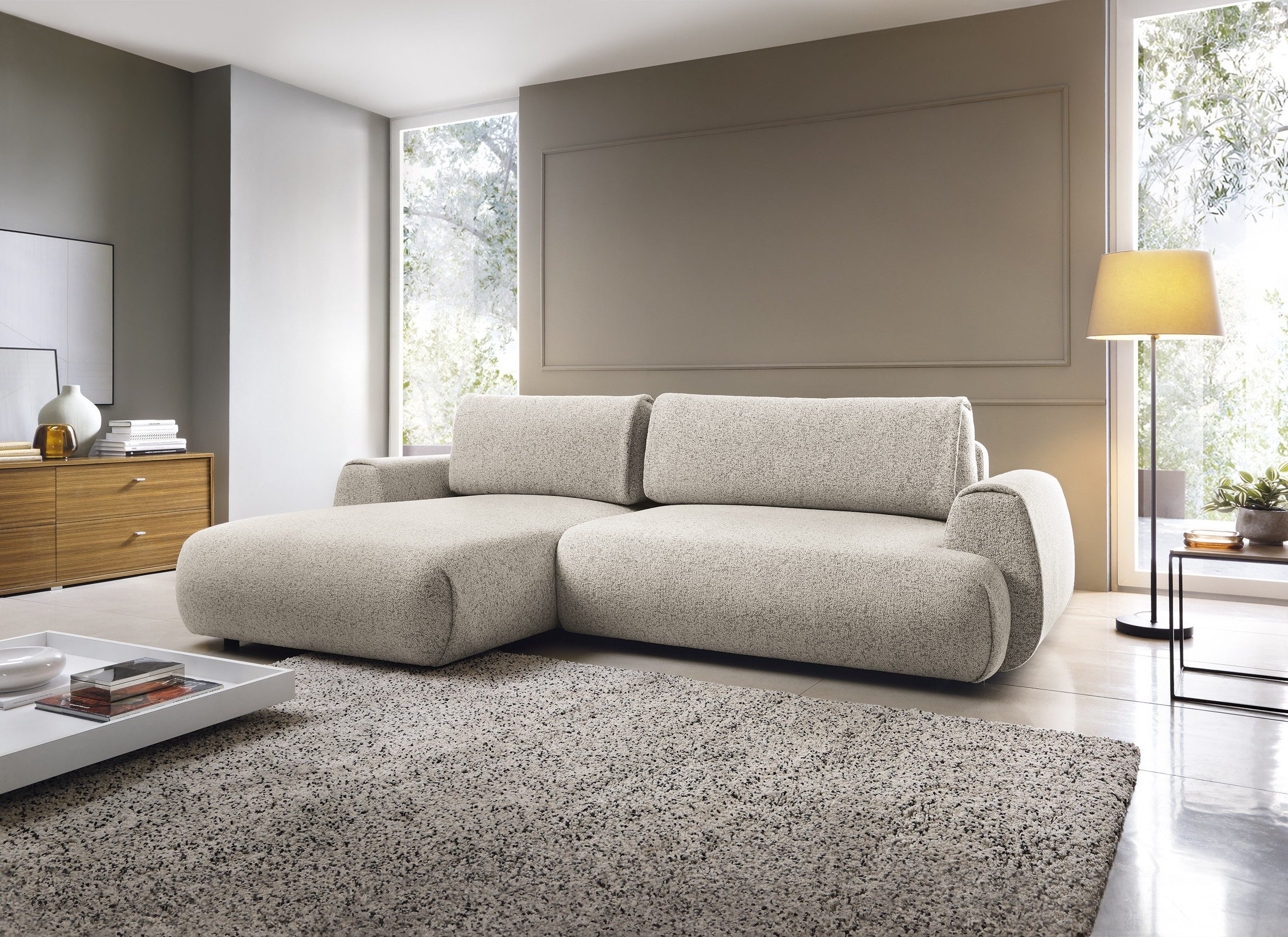 Goldstoff Ecksofa MAILO L-Form, mit Bettfunktion und Bettkasten, Sofa mit Schlaffunktion, Couch für Wohnzimmer - Schlafsofa - Eckcouch, Tiefe Sitzfläche & ergonomische Rückenlehne
