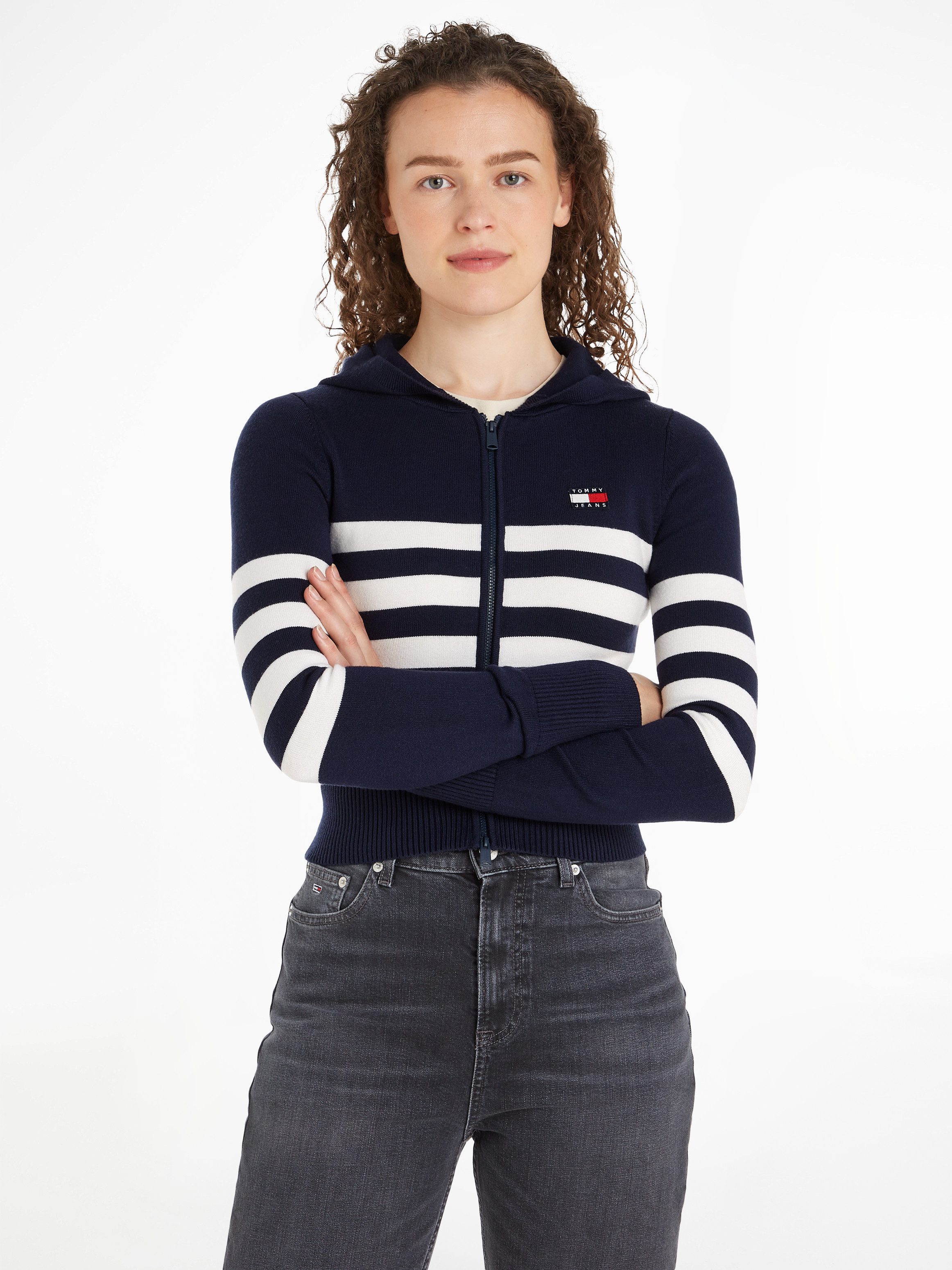 Tommy Jeans Sweatjacke TJW STRIPE ZIP THRU BADGE HOOD mit Tommy Jeans Flagge