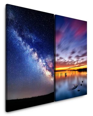 Sinus Art Leinwandbild 2 Bilder je 60x90cm Sterne Sternenhimmel Milchstraße Meer Sonnenuntergang Astrofotografie Nachthimme