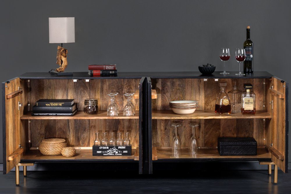 riess-ambiente Sideboard MANDALA 160cm schwarz / gold · Massivholz-Kommode mit 3D Schnitzereien (Einzelartikel, 1 St), Metall-Füße · Anrichte mit 4 Türen und 4 Fächern · Wohnzimmer · Design