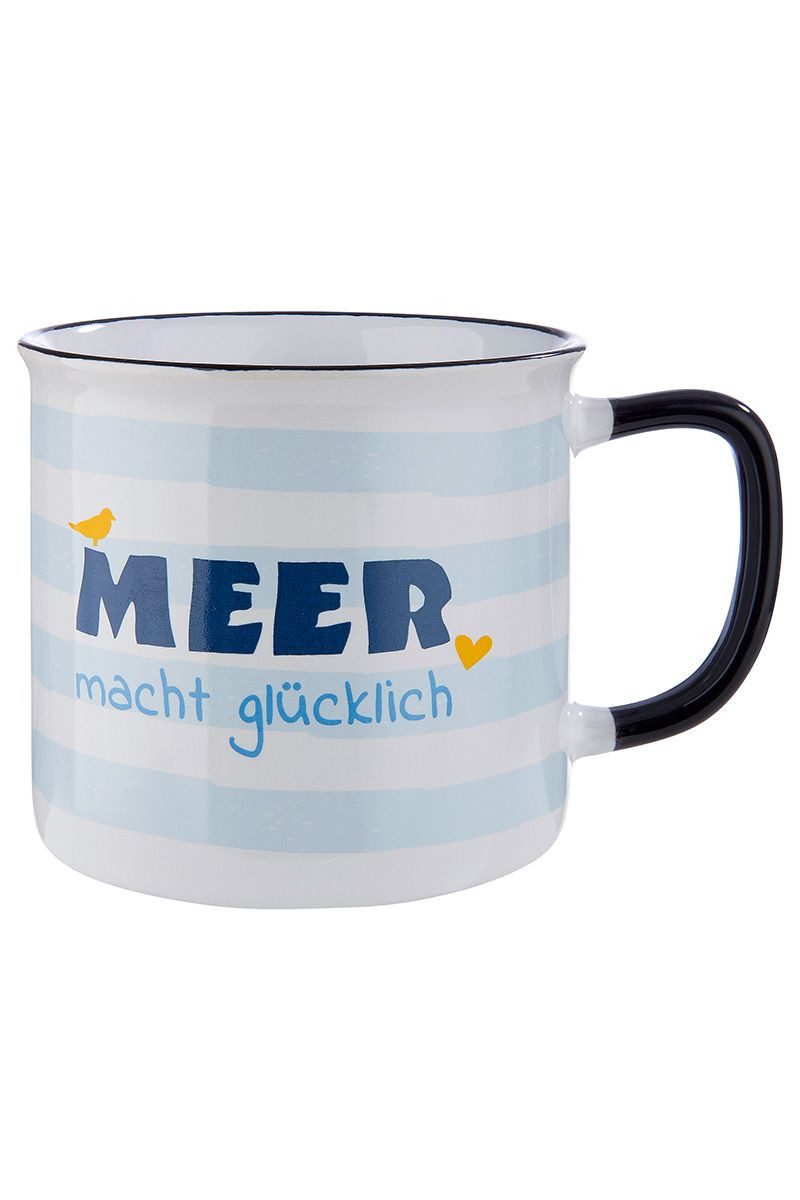 GILDE Tasse Keramik Tasse "MEER macht glücklich" blau/weiß/schwarz 390ml