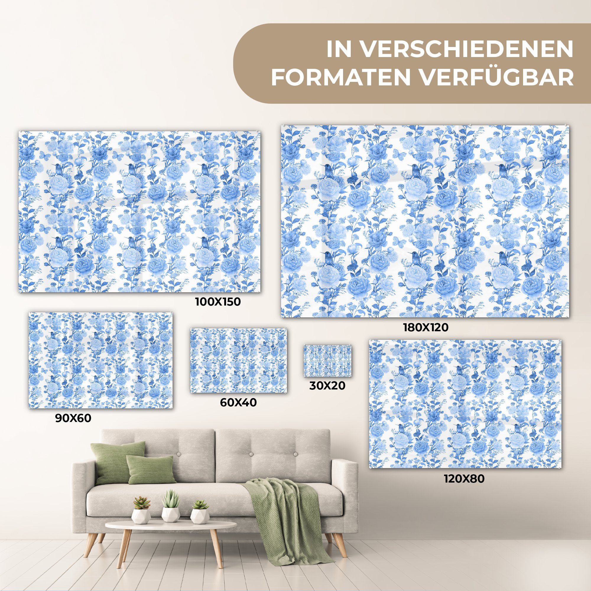 Blumen (1 Blau - - MuchoWow - Bilder auf Glasbilder St), Foto Rosen, Acrylglasbild - auf Glas Wanddekoration Glas - Wandbild