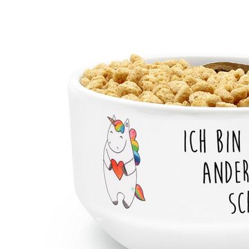 Mr. & Mrs. Panda Müslischale Einhorn Herz - Weiß - Geschenk, lustig, Müslischüssel, Suppenschüssel, Keramik, (1-tlg), Porzellan-Qualität