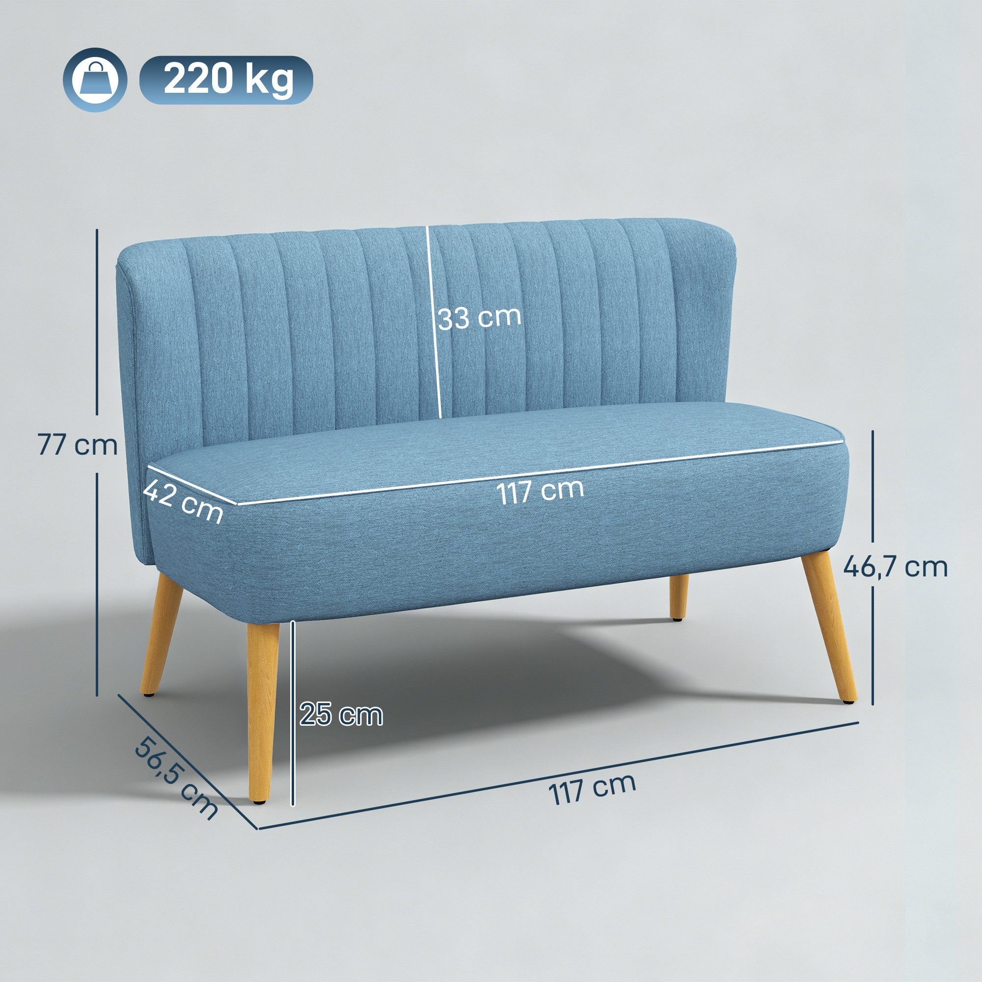 HOMCOM 2-Sitzer Sofa Loveseat mit Leinen-Optik für Schlafzimmer 117x56,5x77cm, Doppelsofa 1 Teile, für Wohnzimmer, Schlafzimmer, 117 x 56,5 x 77 cm, Blau – Bild 3 von 5