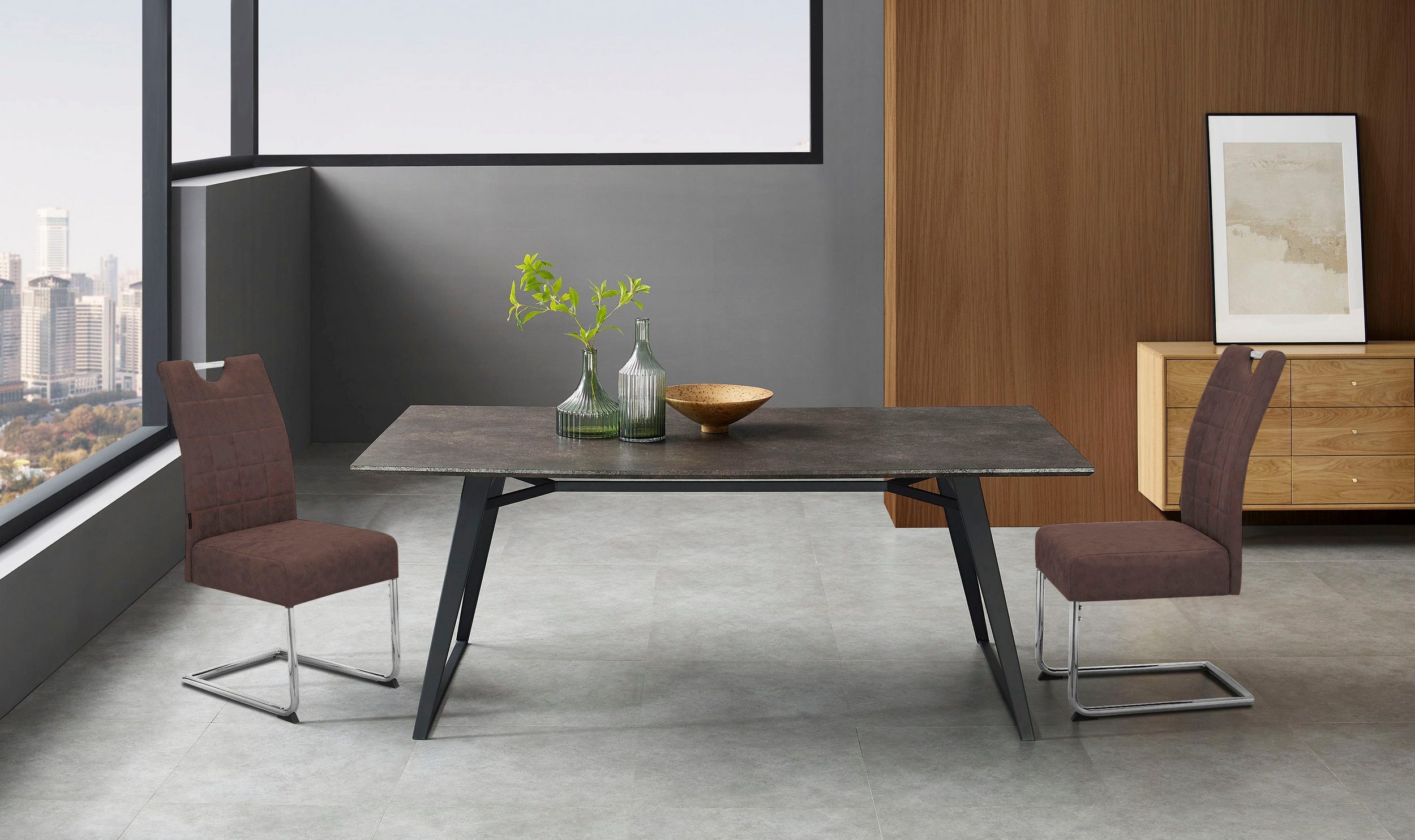 loft24 Esszimmerstuhl Chen (Set, 2 St), Polsterstuhl, Stuhl, Freischwinger, Lederoptik, Chromgestell