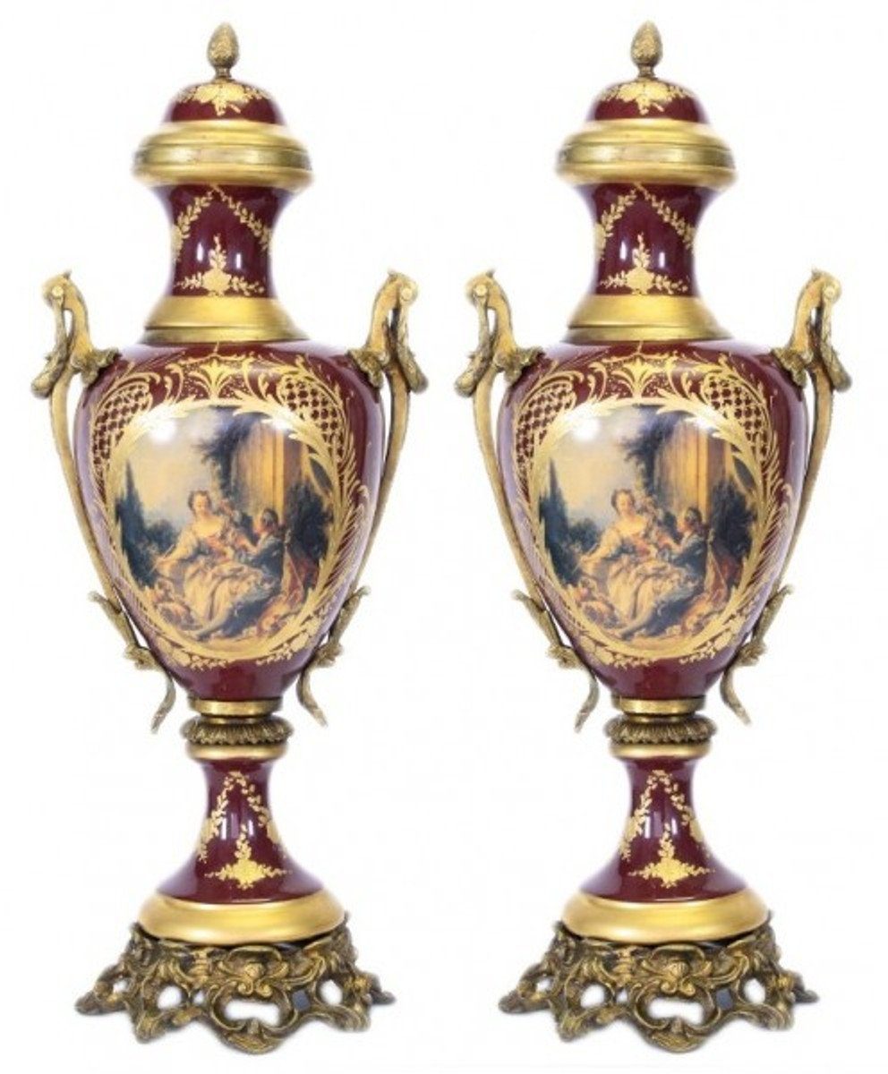 Casa Padrino Dekoobjekt Barock Porzellan Pokal Set Bordeaux Rot / Gold B26 H63 cm (2 Stück) - Grand Decor - Hotel Dekoration