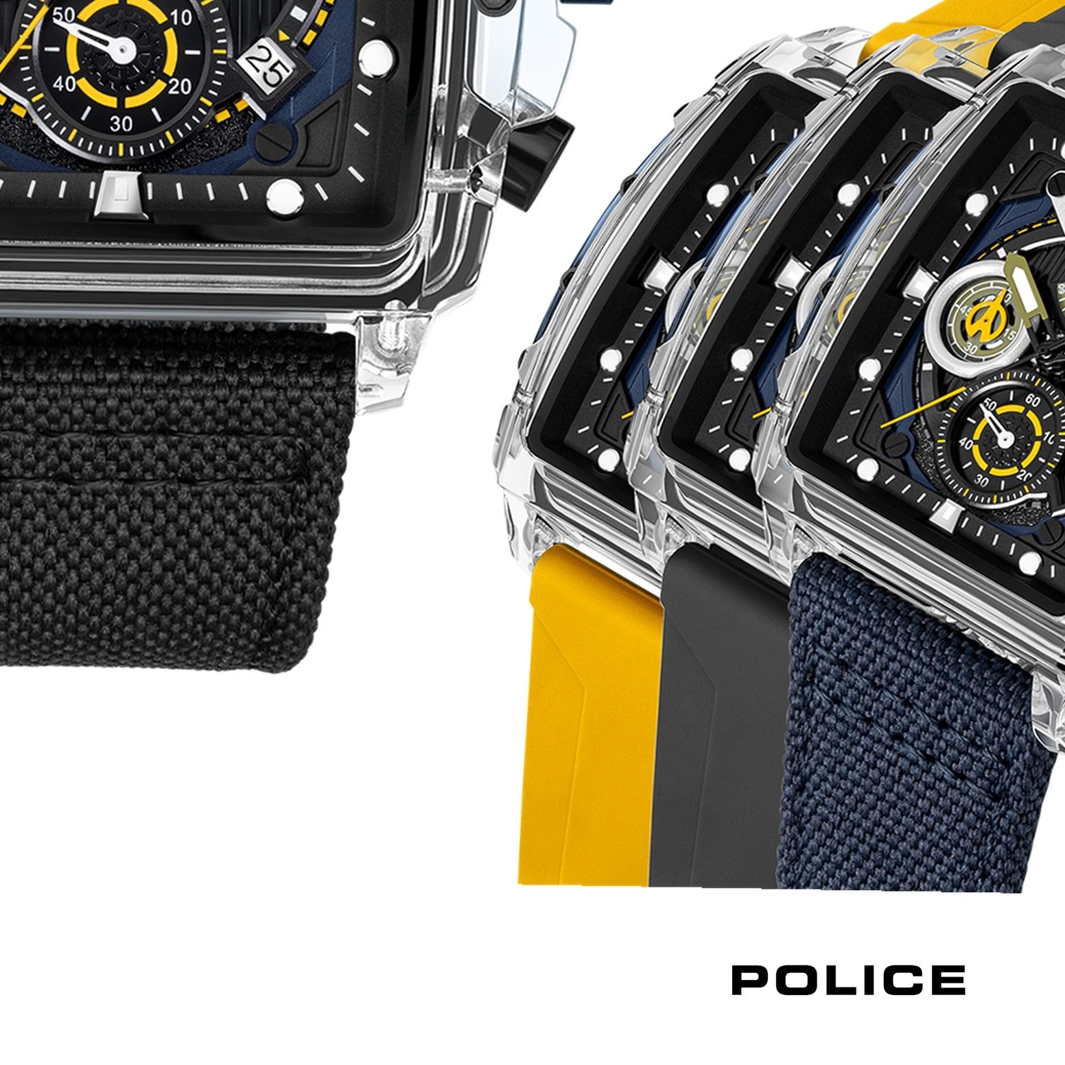Police Chronograph Police Herrenuhr Silikon Armband, (Chronograph), Herrenuhr quadratisch, extra groß (ca. 43x43,8mm) Textilarmband, Sport