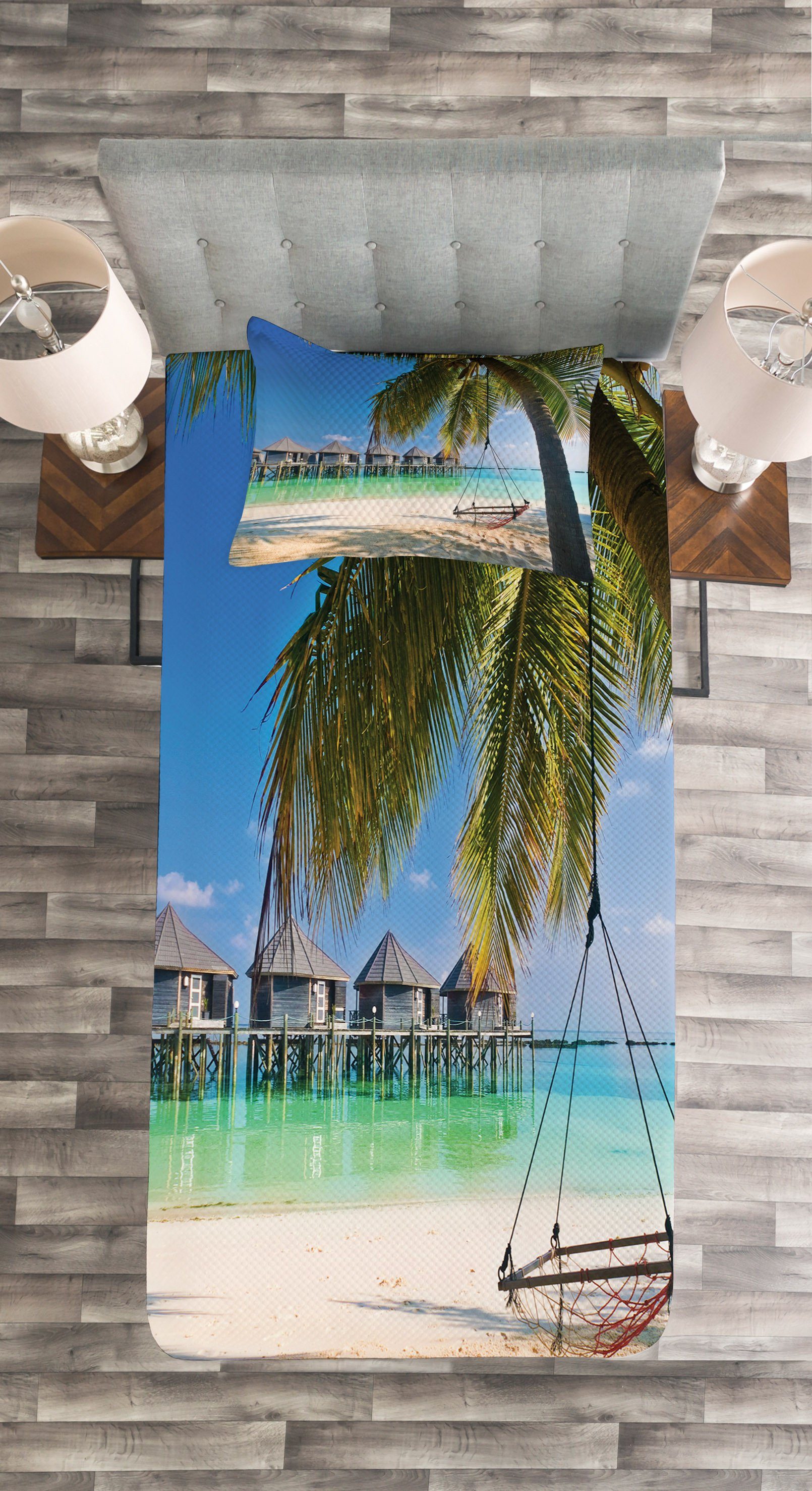 Tagesdecke Set mit Kissenbezügen Coast Abakuhaus, Strand Karibik Waschbar, Tropical