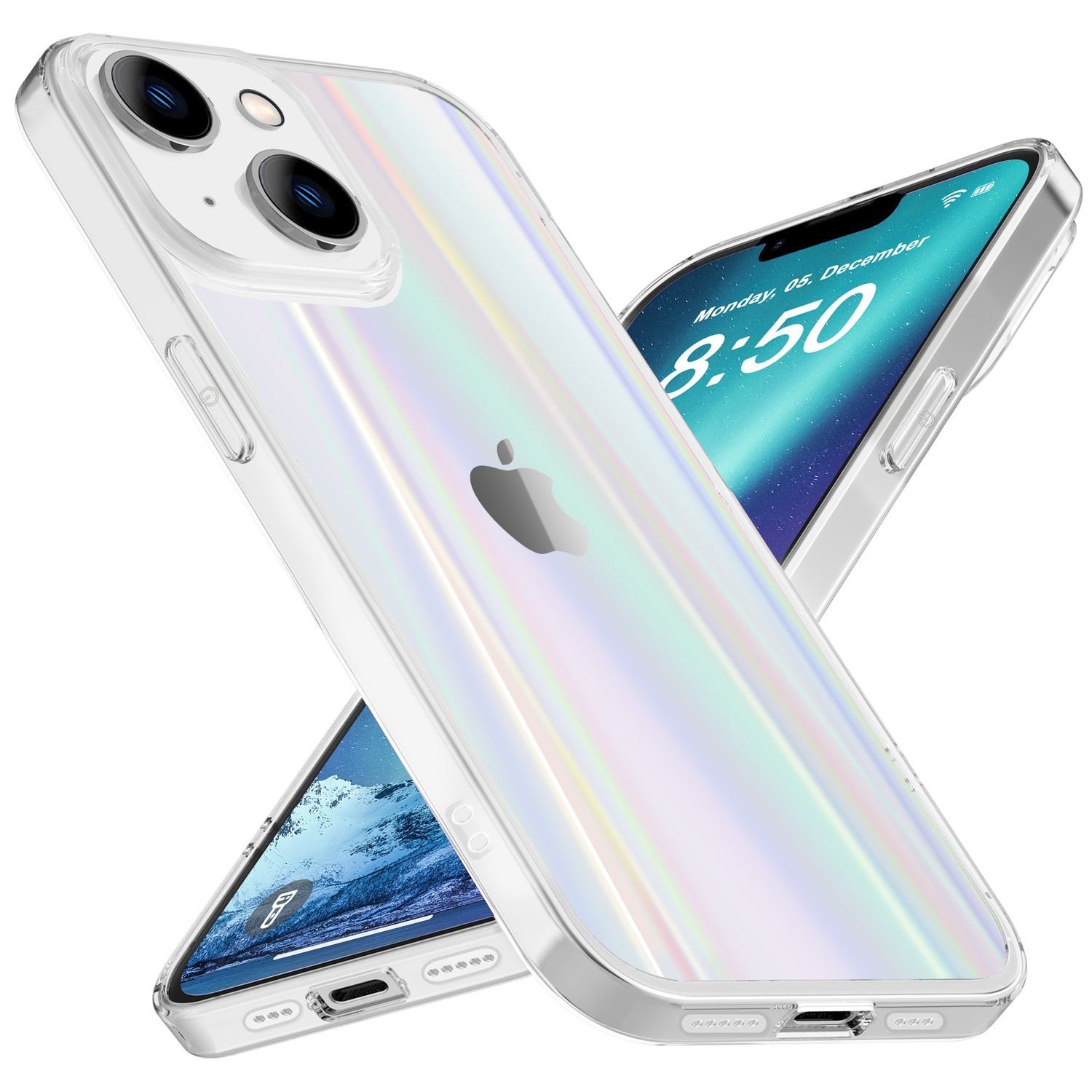 Nalia Smartphone-Hülle Apple iPhone 14 Plus, Klare Hartglas Hülle /  Regenbogen Effekt / Bunt Glänzend / Kratzfest