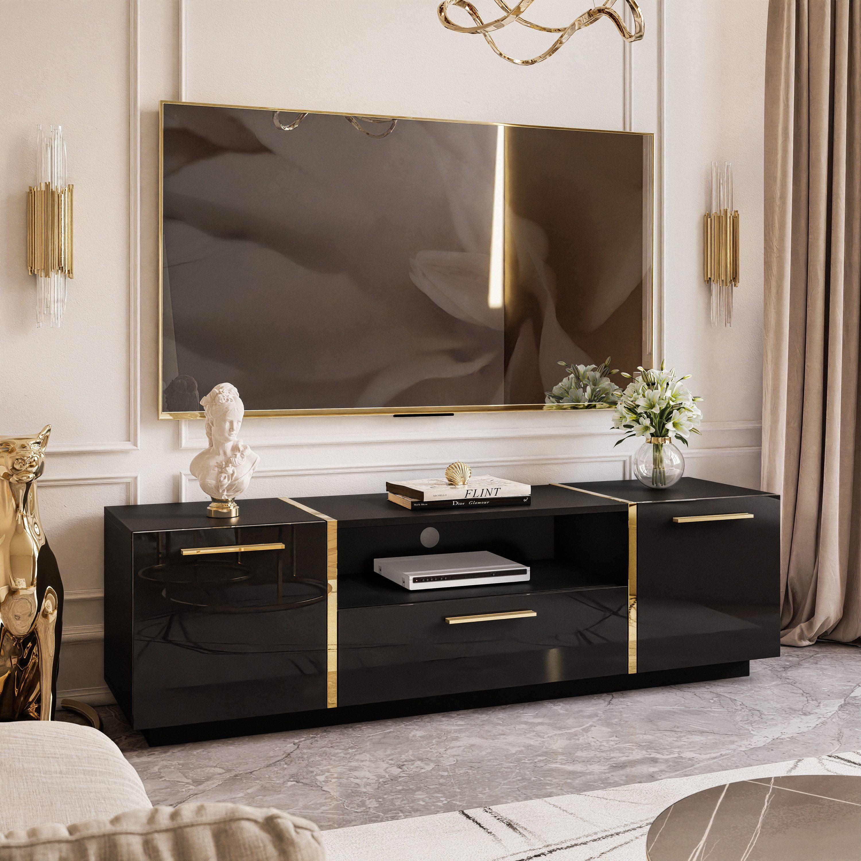 Lookway Lowboard TV ONYX Eleganter Hochglanz Fernsehtisch mit goldenen Grif günstig online kaufen