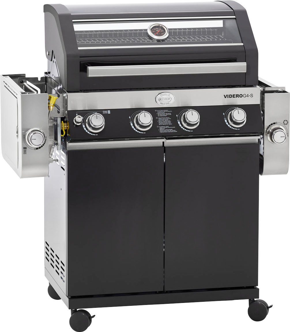 RÖSLE Gasgrill BBQ-Station VIDERO, 25524, G4-S Schwarz, 4 Brenner, extra Primezone und Seitenbrenner, VARIO+