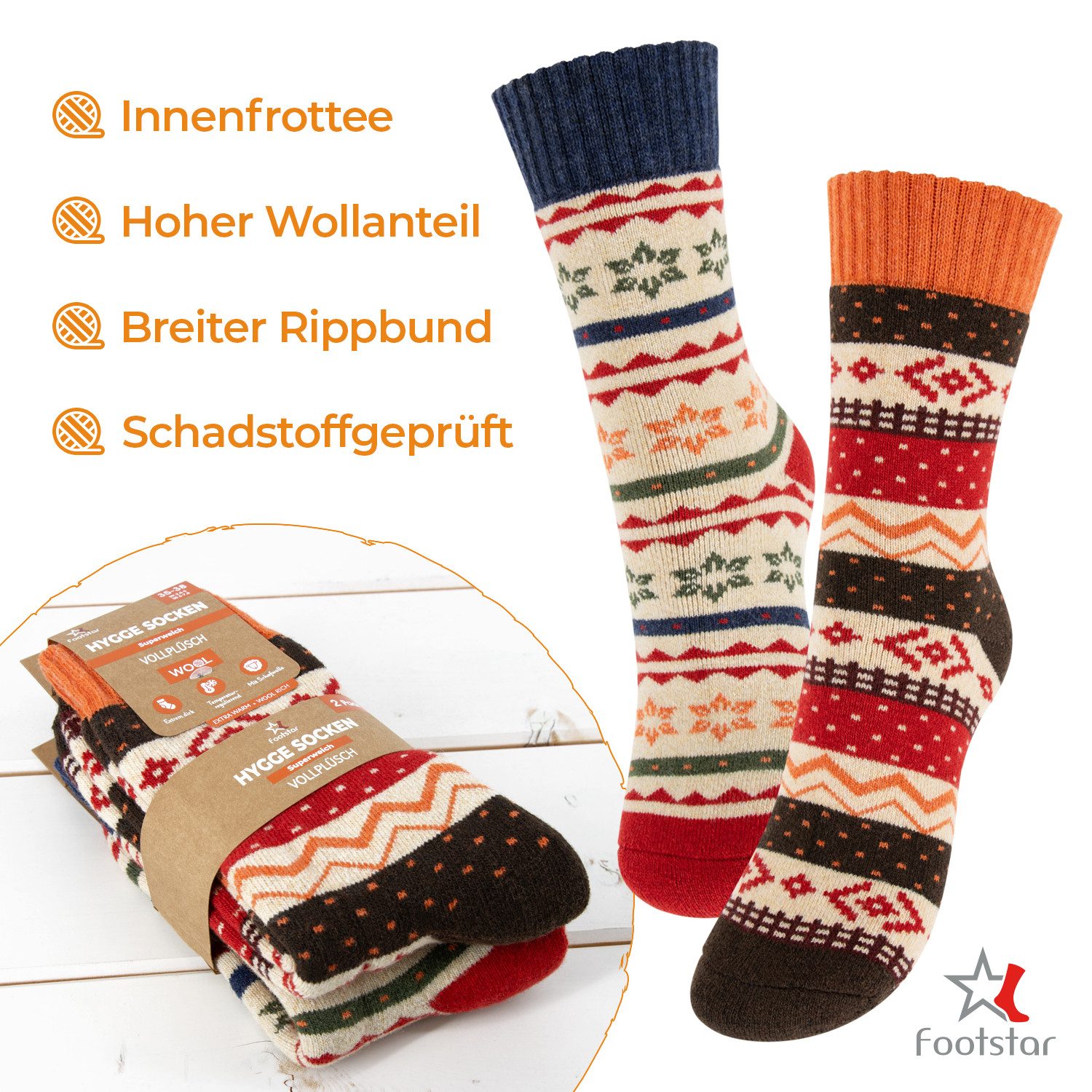 Footstar Thermosocken 2 Paar Warme Hygge Winter Wollsocken im Vintage-Design