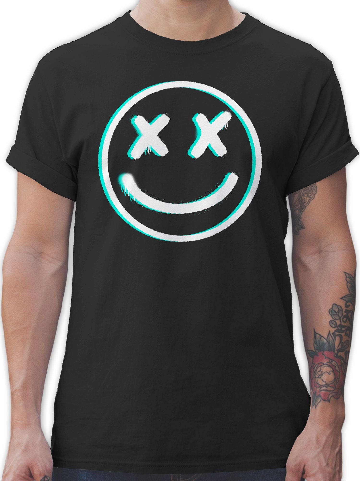 Shirtracer T-Shirt Cooles Glitch Smiley Face Nerd Geschenke 01 Schwarz