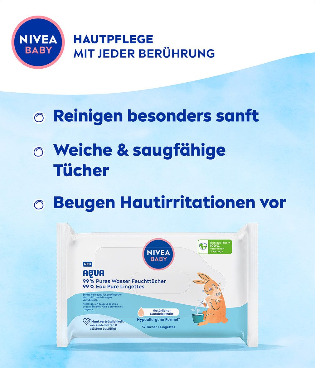 Nivea feuchtes Toilettenpapier Baby Aqua Feuchttücher 2 x 228 Stück Weiches & saugfähiges Tuch, 456-tlg., 99% Wasser - besonders milde Reinigung für empfindliche Haut