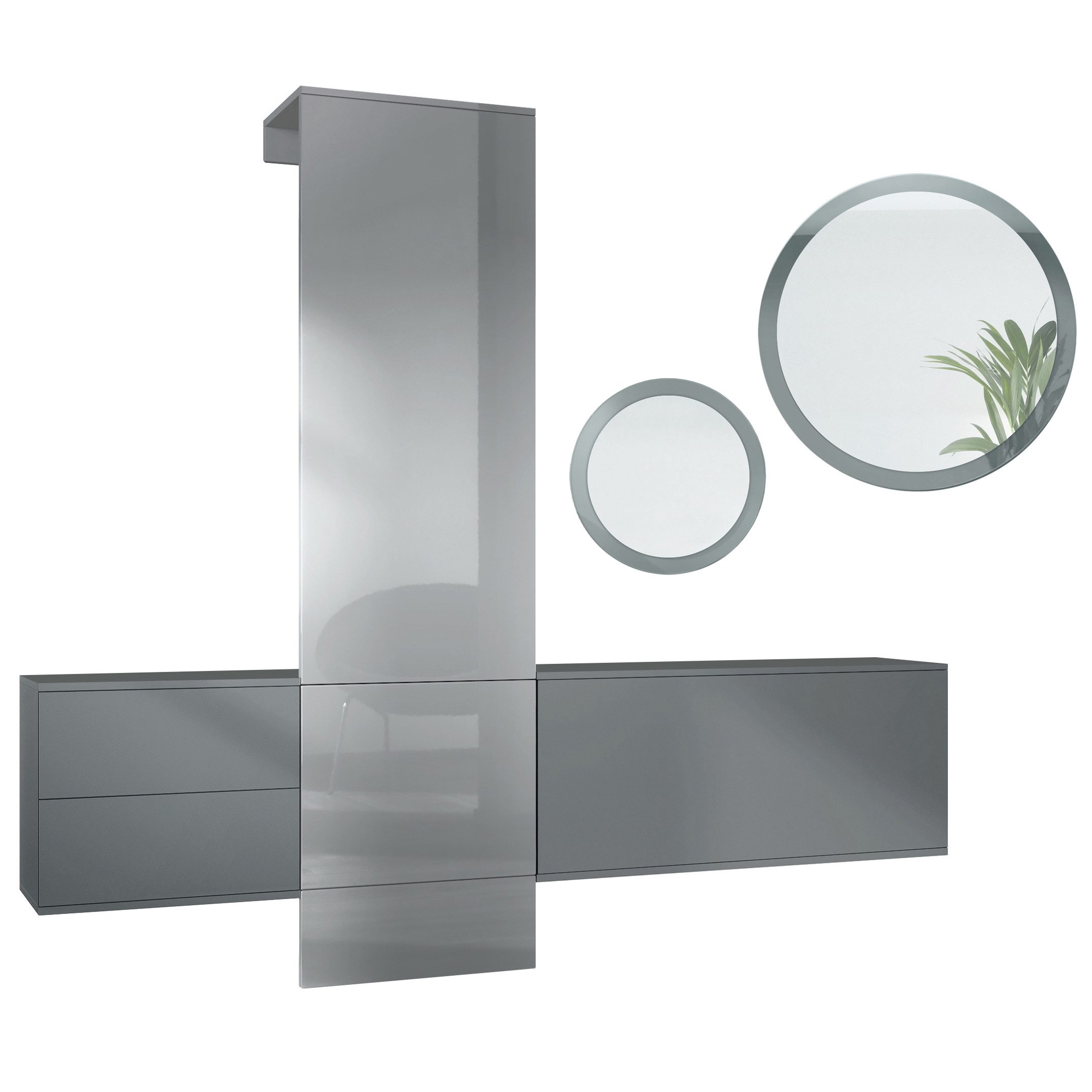 Vladon Garderoben-Set Carlton, (Garderoben-Set, bestehend aus 1 Garderobenpaneel, 2 Schrank Elementen und 2 Spiegel), Anthrazit matt/Grau Hochglanz