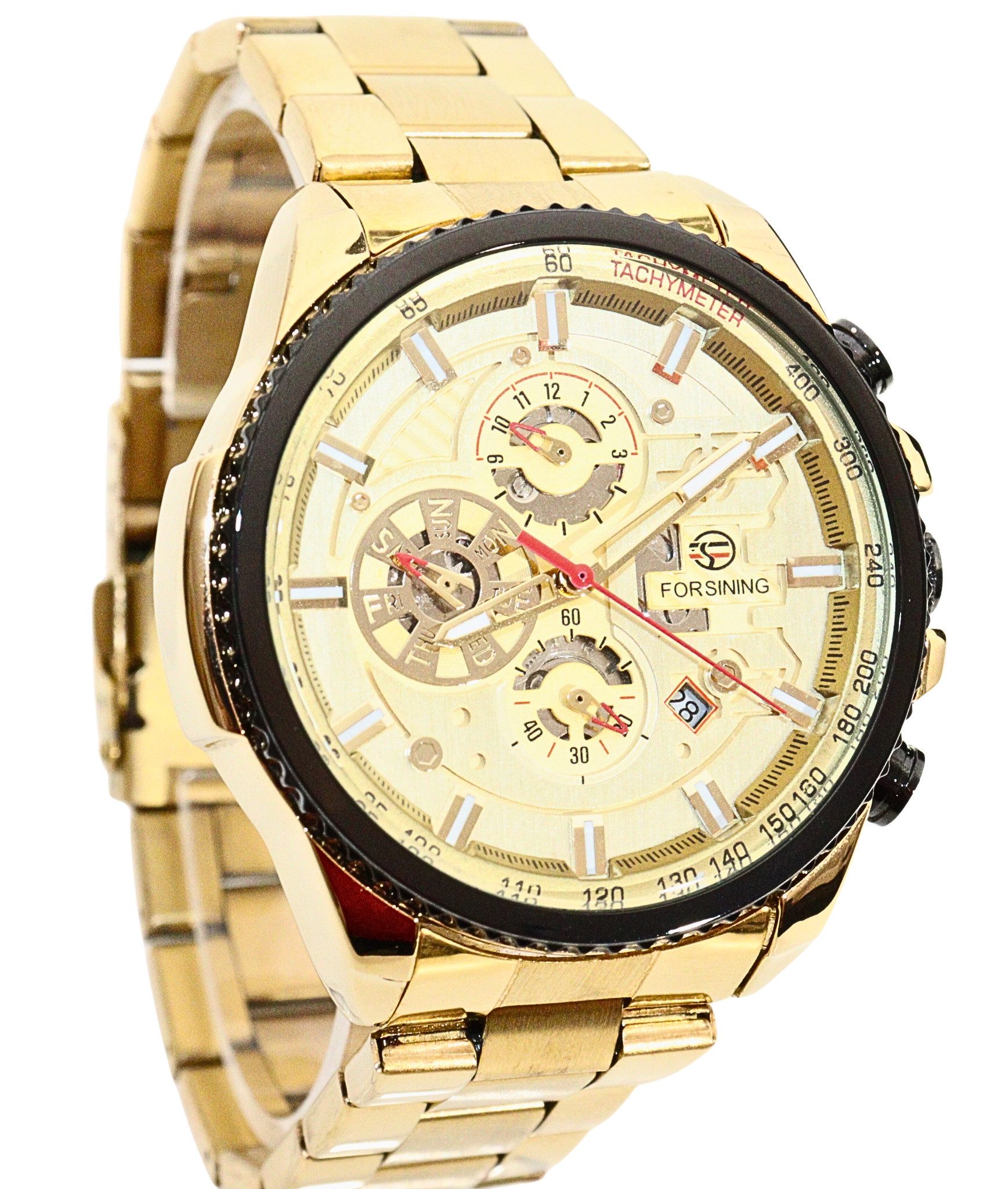 Rötting Design Automatikuhr Herrenuhr Automatikuhr Marke Forsining goldfarbenes Ziffernblatt, Datum Wochentag Monats Anzeige