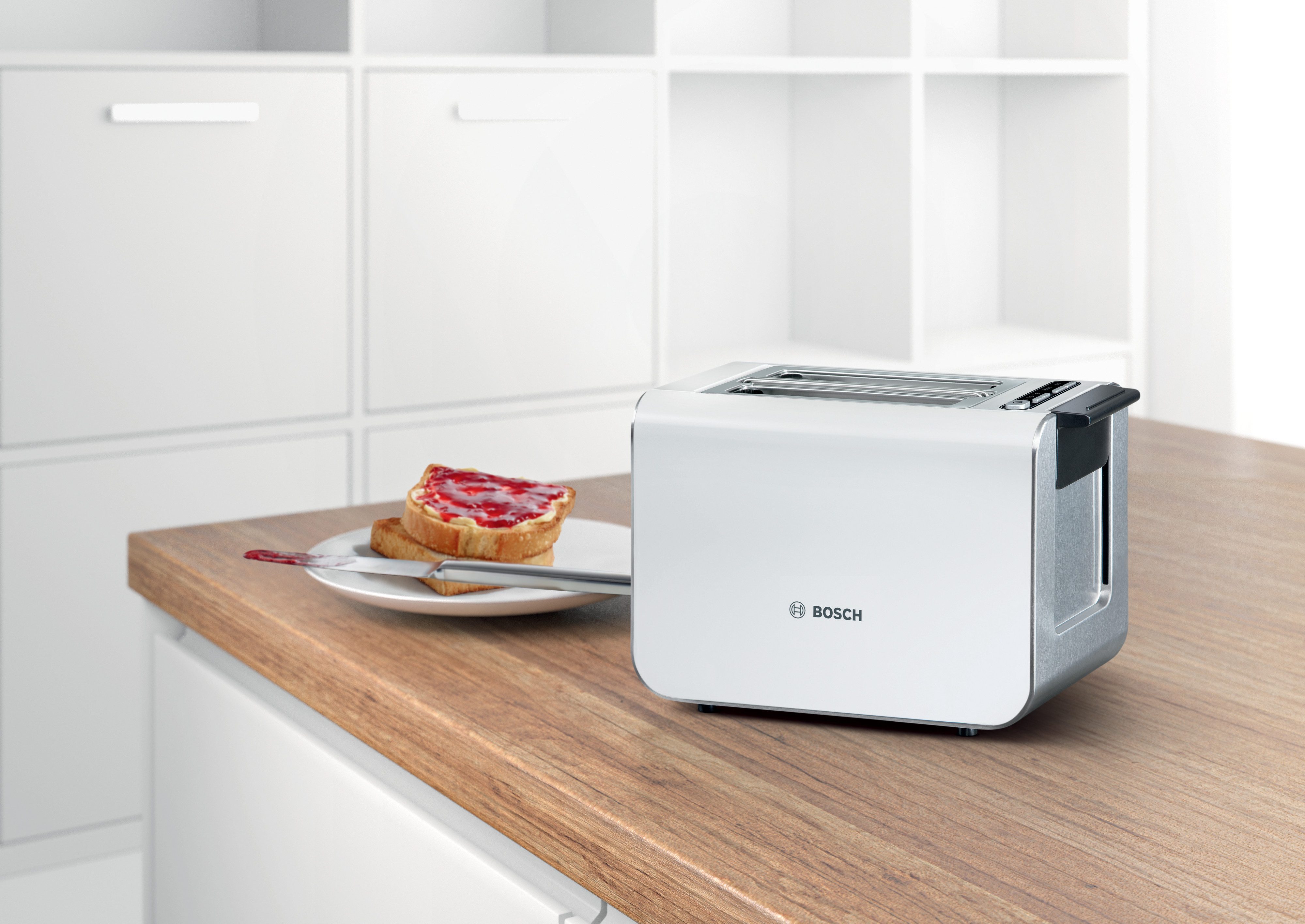 BOSCH Toaster Styline TAT8611N, integrierter Brötchenaufsatz, Liftfunktion, 860 W, Auftaufunktion, Abschaltautomatik, Brotzentrierung, Edelstahl/weiß