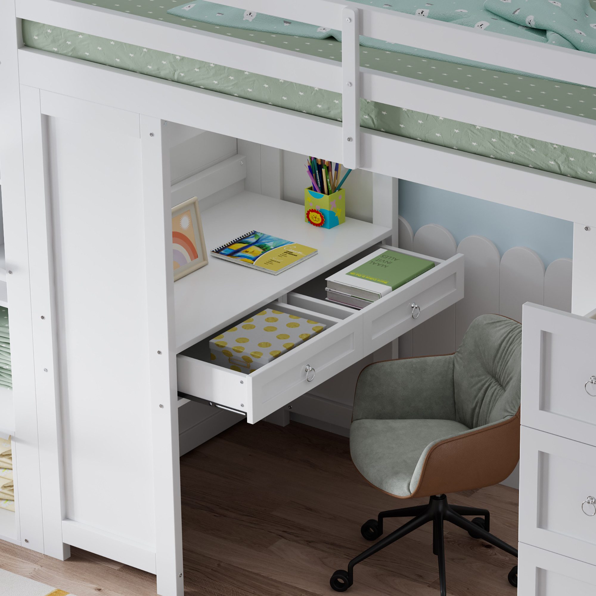 Flieks Hochbett Kinderbett 90x200cm mit Schreibtisch Schubladenschrank Stauraumtreppe