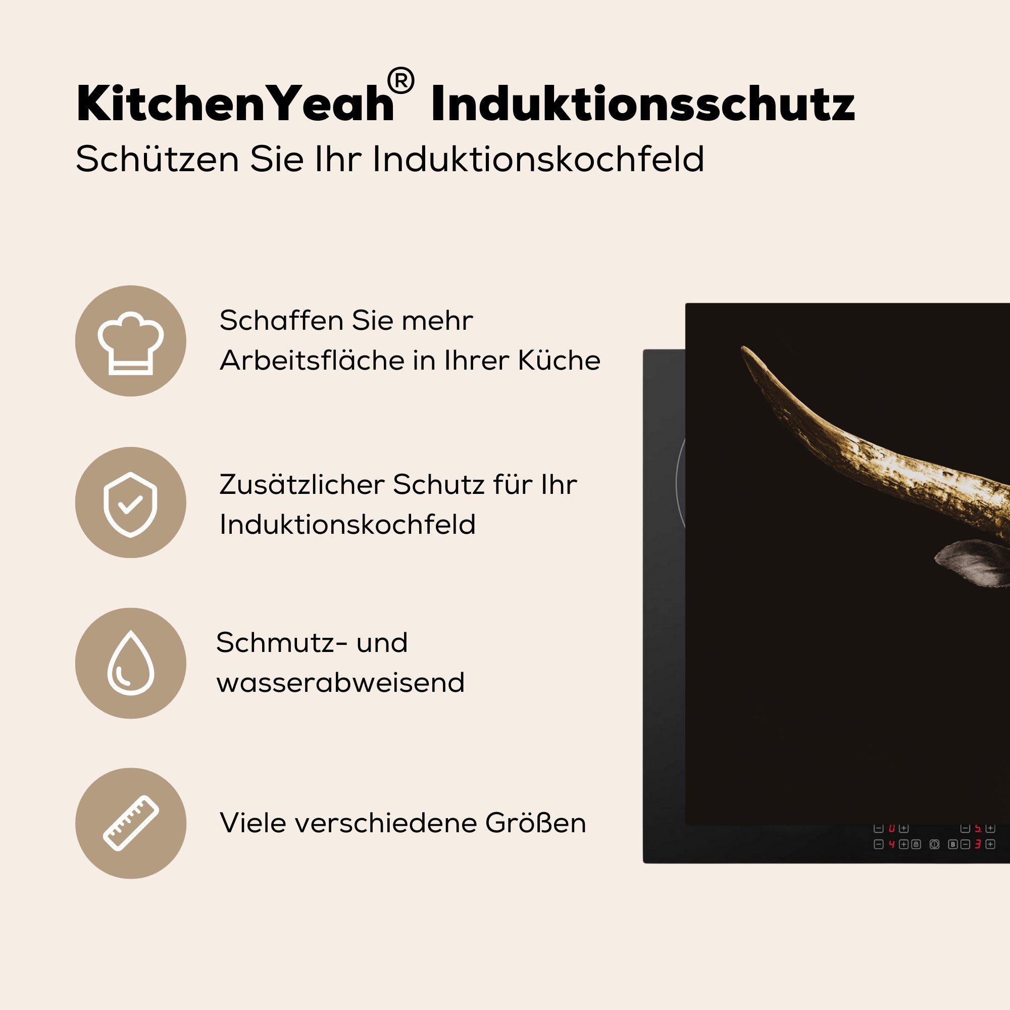Schutz für Kuh MuchoWow 81x52 Gold - küche, - (1 die Induktionskochfeld Schwarz, tlg), Vinyl, Ceranfeldabdeckung Herdblende-/Abdeckplatte cm,
