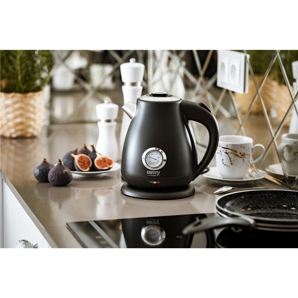 Camry Wasserkocher CR 1344b Retro Edelstahl Wasserkocher mit Thermometer, 1,7 l, 2200 W, analoge Temperaturanzeige, Kalkfilter, Teekocher, Tee, Kaffee, Schwarz