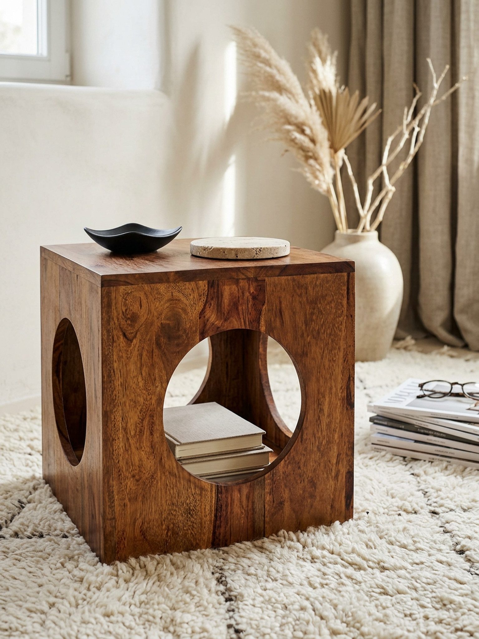 KADIMA DESIGN Beistelltisch Beistelltisch MUMBAI Massivholz 35x35x35 cm Cube Couchtisch Würfel (in Würfel-Form, Quadratischer Dekotisch mit Stauraum), Wohnzimmertisch, Design Aufbewahrungstisch modern, Kleiner Holztisch