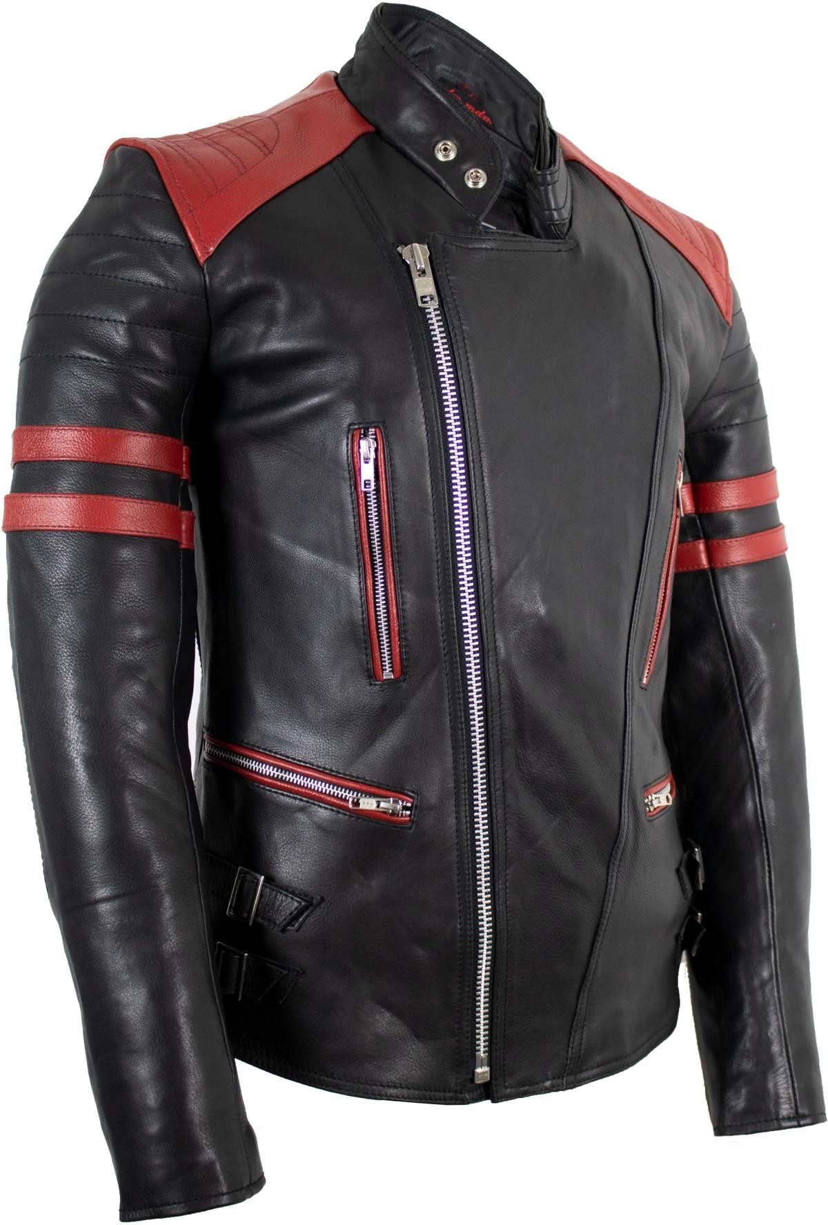MDM Motorradjacke Herren Motorrad Lederjacke Retro Biker Schwarz Rot (Einzelartikel mit Protektoren, Motorrad Lederjacke Herren, Bikerjacke, Echtleder, Protektoren) mit Protektoren Schulter Ellbogen Rücken