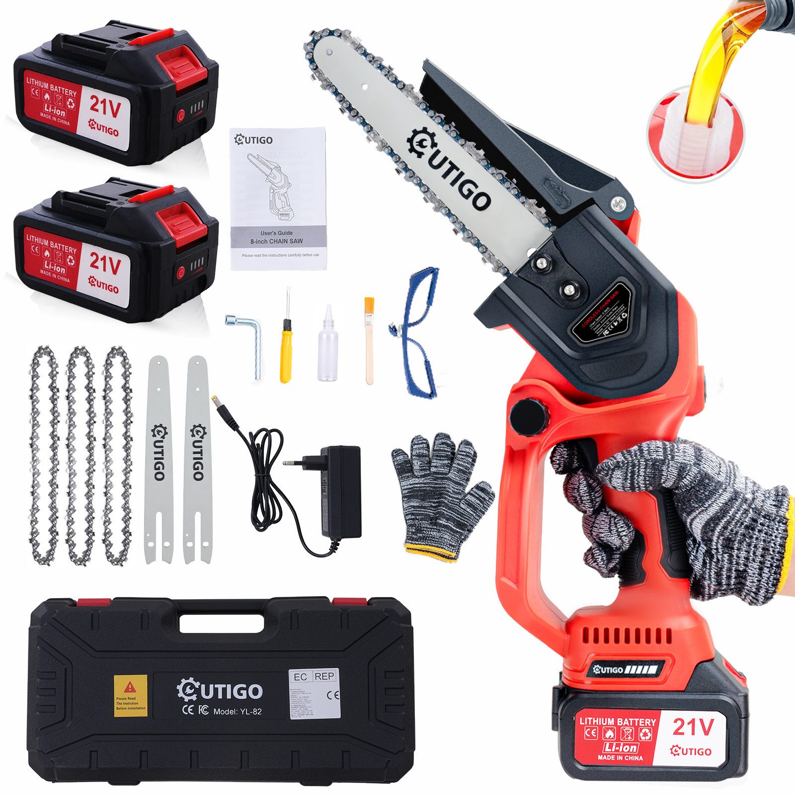 OUTIGO Akku-Kettensäge 8C, 22,00 cm Schwertlänge, 2 *3Ah Akkus, 3 Führungss günstig online kaufen