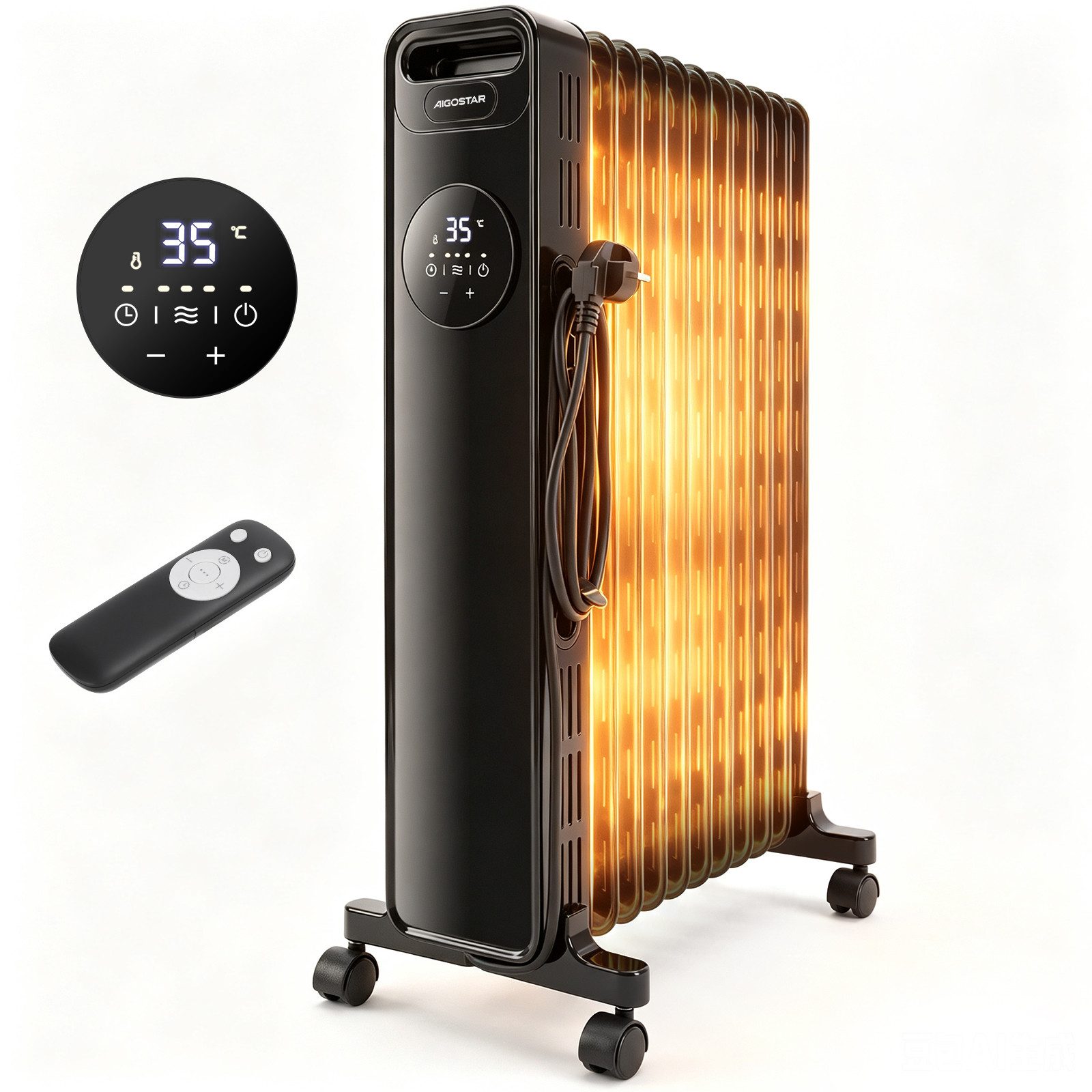 Aigostar Ölradiator 11 Rippen Radiator Heizung Elektrisch mit Thermostat & Fernbedienung, 2300 W, 3 Modi, 24h Timer, LED-Anzeige, Kipp& Überhitzungsschutz, Mobiler