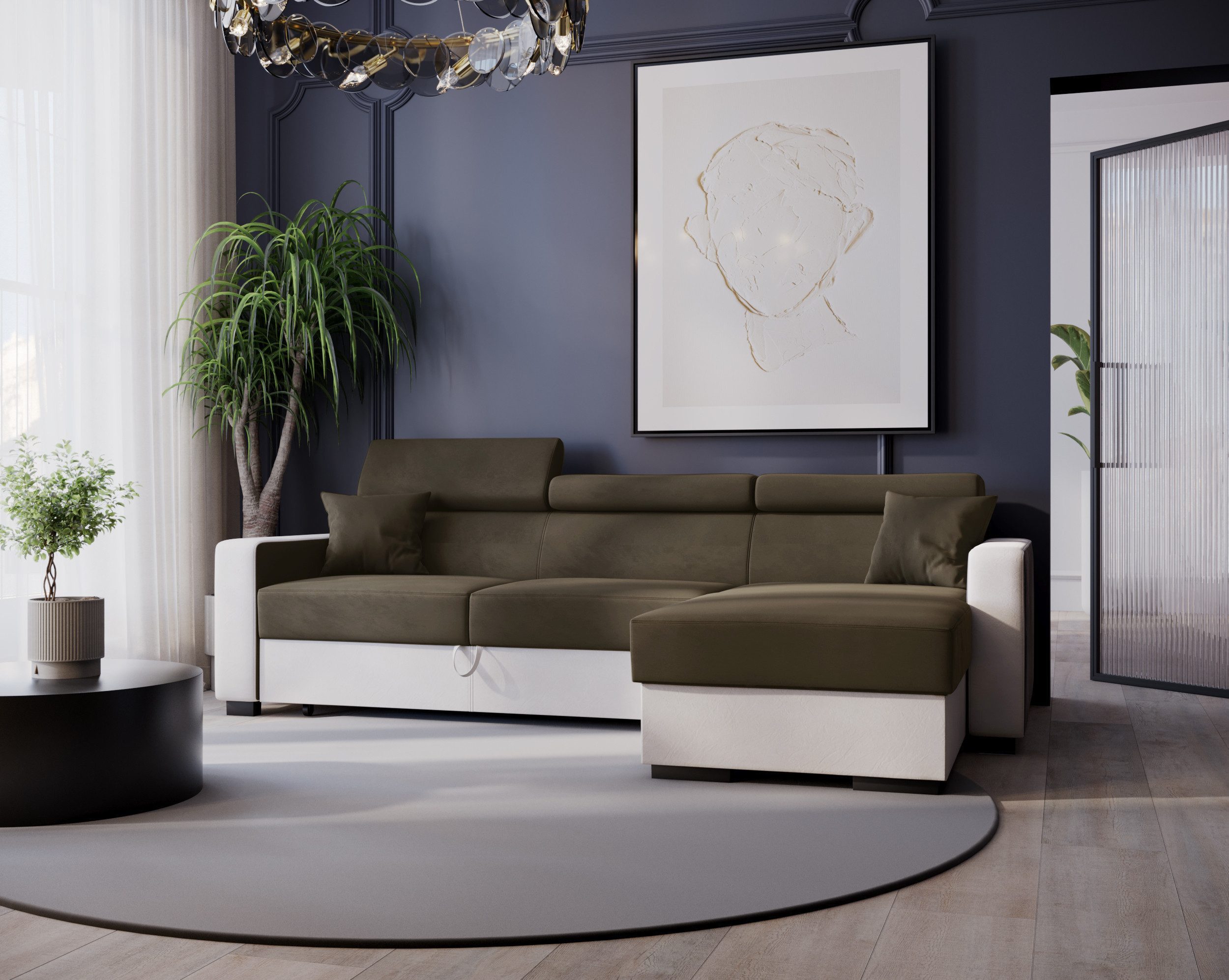 Goldstoff Ecksofa mit Schlaffunktion & Bettkasten günstig online kaufen