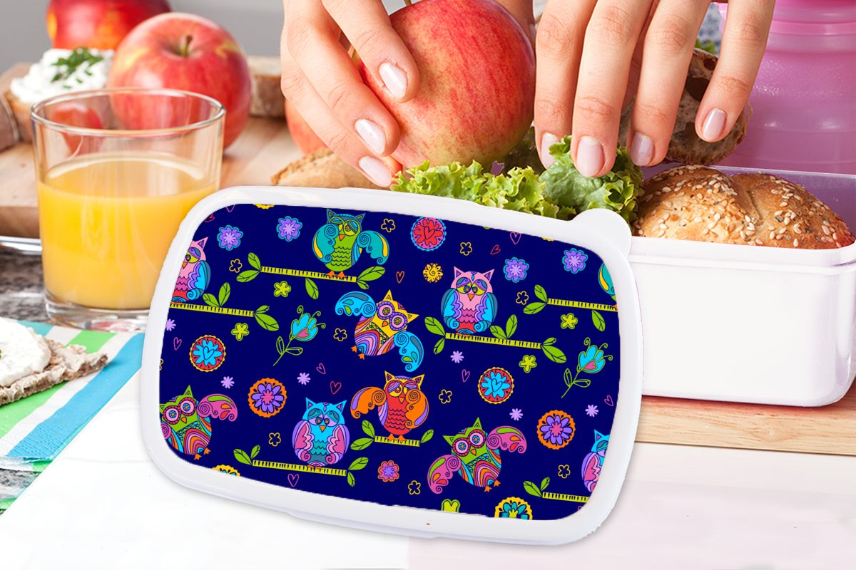 MuchoWow Brotbox (2-tlg), - Kunststoff, Erwachsene, - Muster Jungs Eule und für Kinder für weiß Äste, und Mädchen Lunchbox Brotdose,