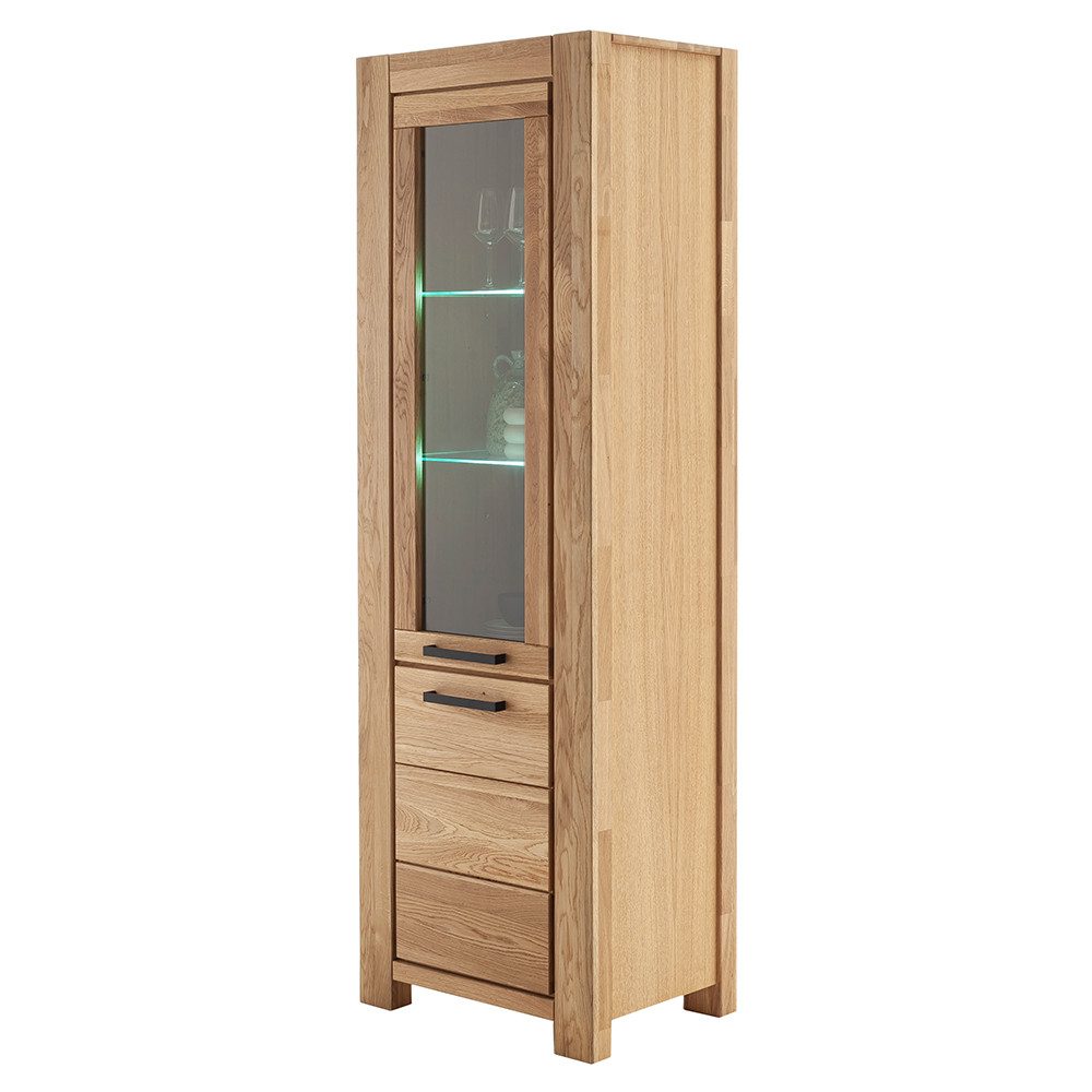 Lomadox Vitrine SELISTE-06 Massivholzmöbel, Eiche teilmassiv geölt, Anschlag links, Beleuchtung