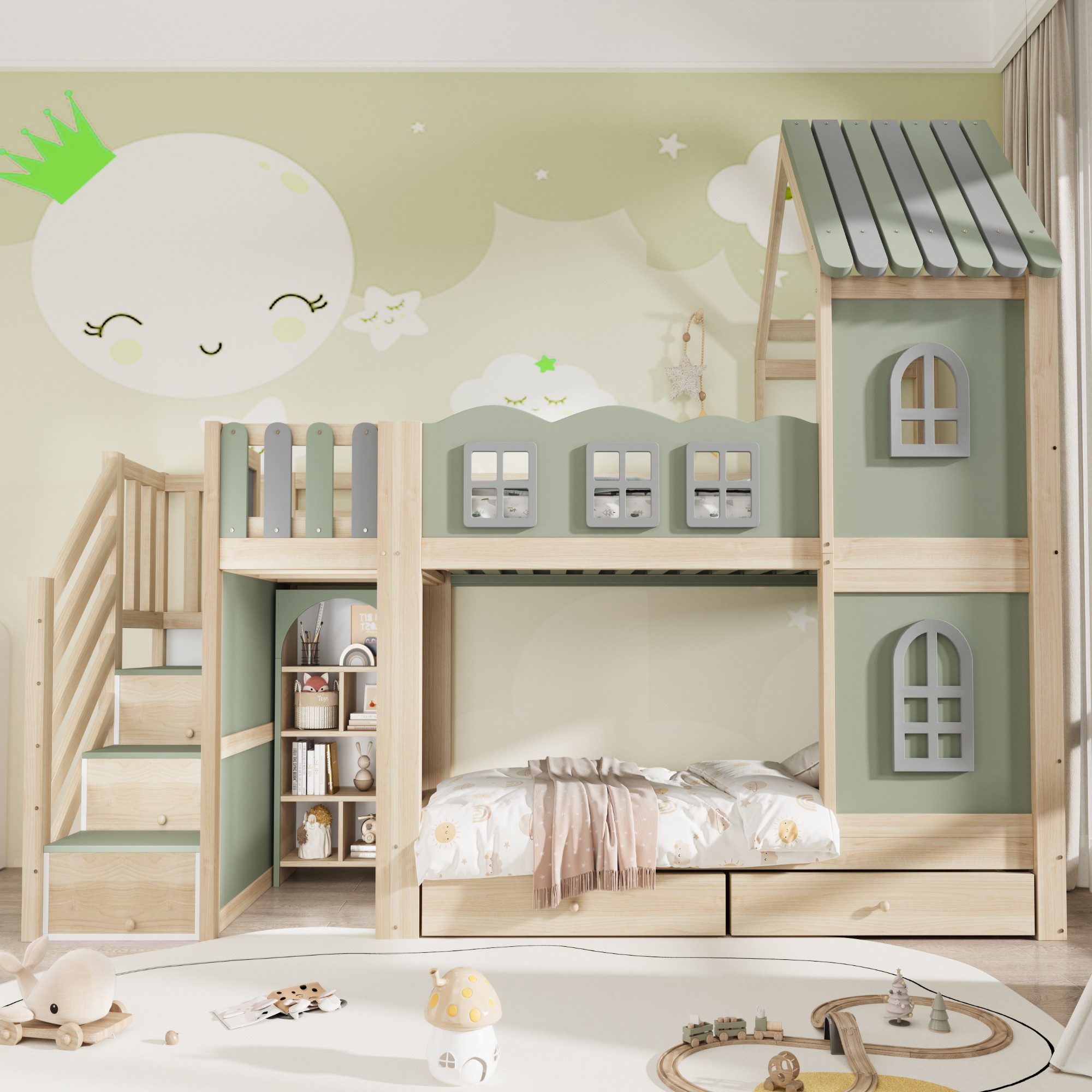 Flieks Etagenbett, Kinderbett 90x200cm Hausform mit Stauraumtreppe Schubladen Regalen