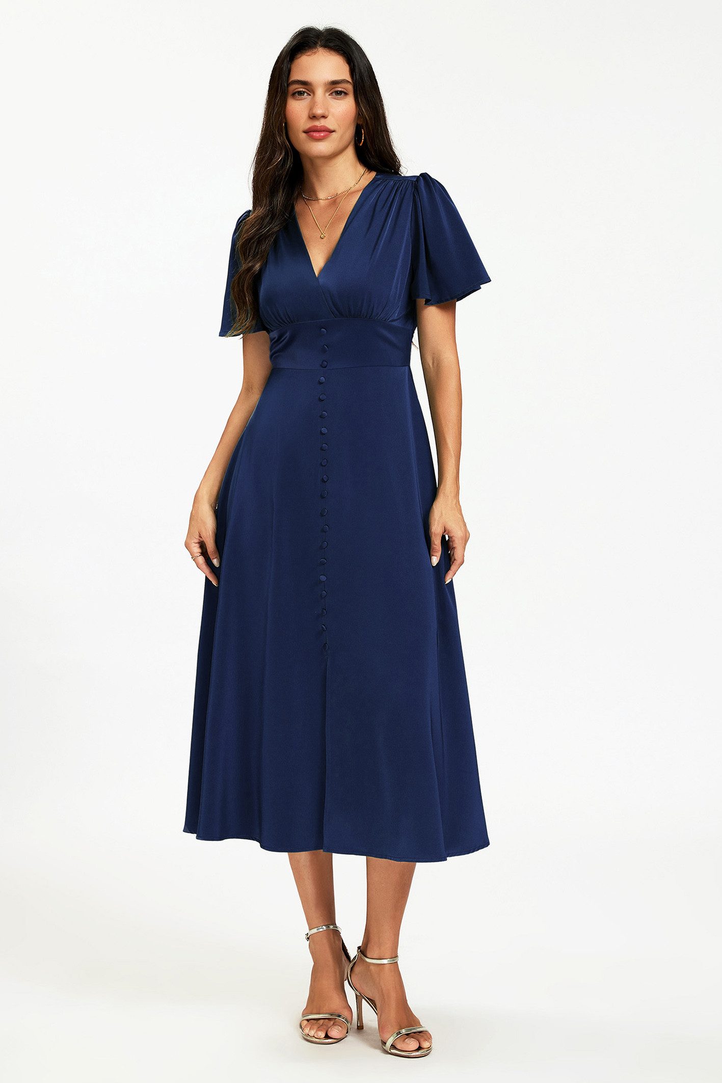 FS Collection Midikleid Satin Midikleid Sommerkleid Freizeitkleid Abendkleid V-Ausschnitt (S,M,L und XL) Knopfleiste, elastischer Rückeneinsatz, Schlitz, taillierter Bund