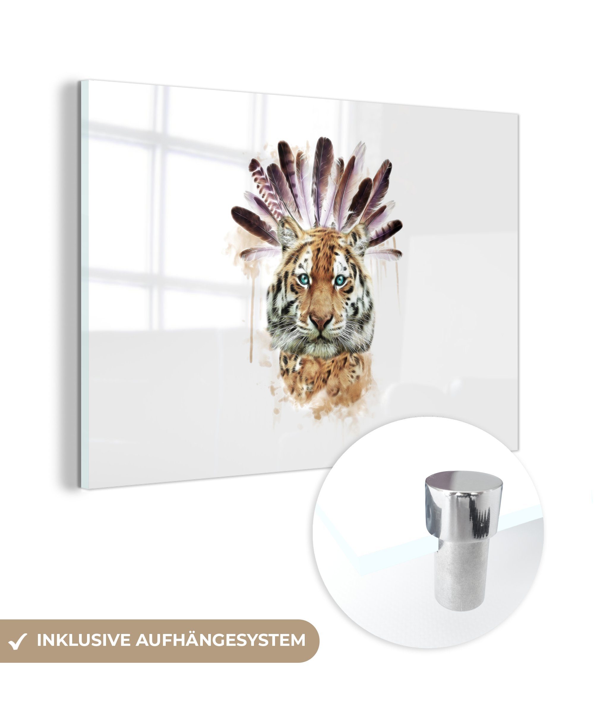 MuchoWow Acrylglasbild Tiger - Kopf - Federn, (1 St), Acrylglasbilder Wohnzimmer & Schlafzimmer