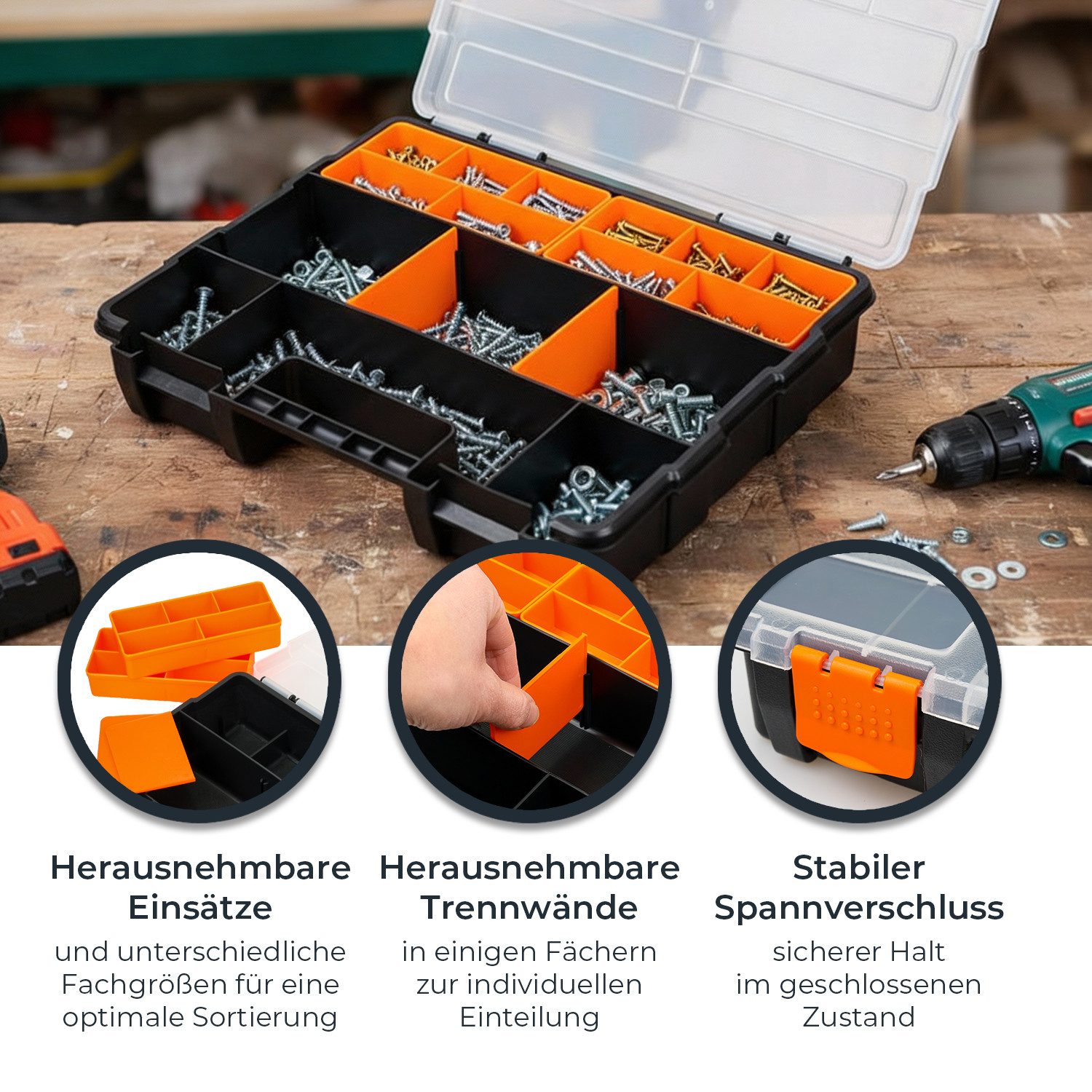 HMF Sortimentskasten Sortierbox leer, Sortimentskasten für Werkzeug und Kleinteile (Set, 4 Boxen), 49 Fächer, transparenter Deckel, Schwarz-Orange