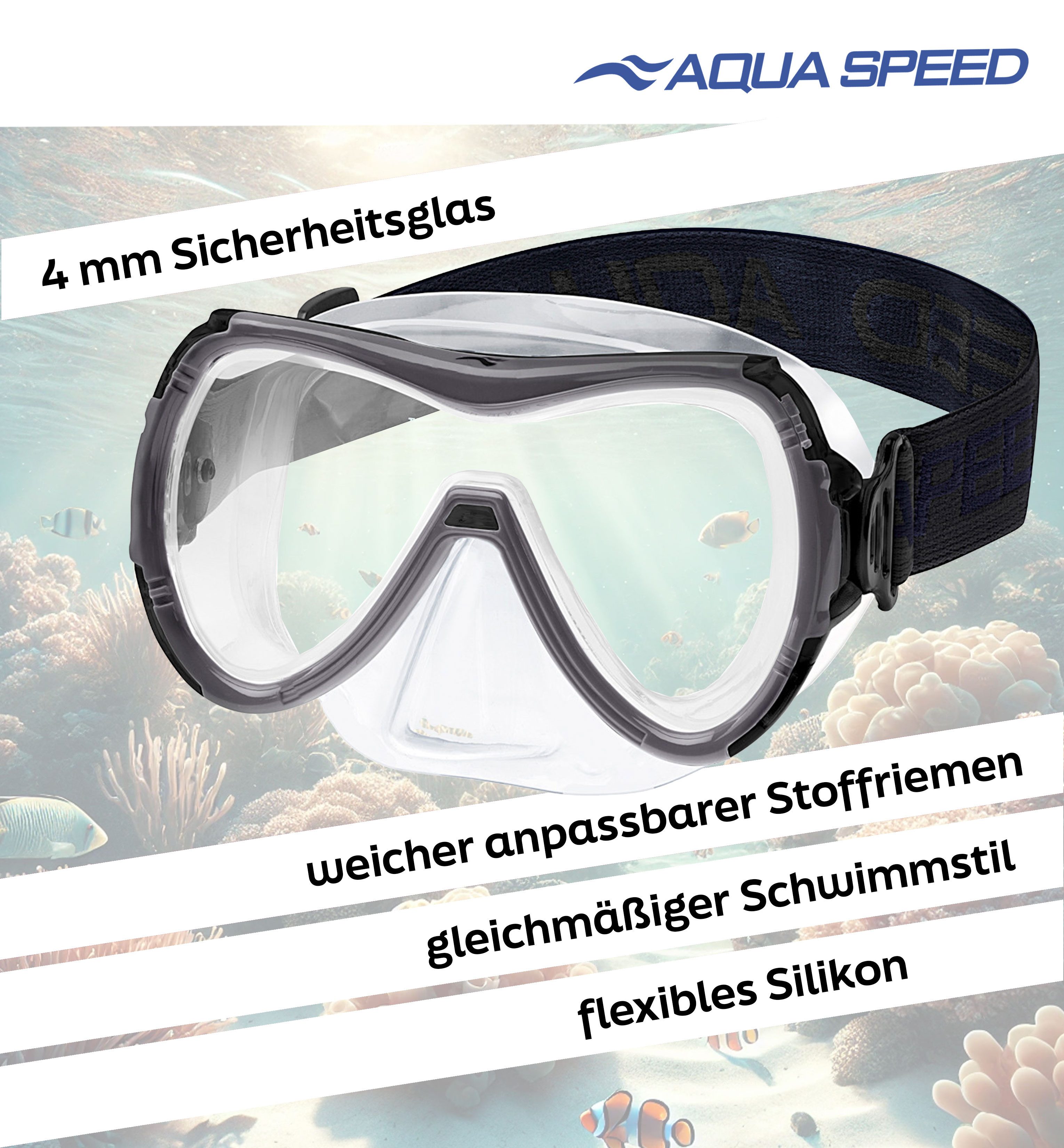 Aqua Speed Schnorchel RAY FS Tauchmaske mit Stoff-Kopfband für Erwachsene / Jugendliche (Einzel Schwimmmaske mit gehärtetem Glas), Taucherbrille Stoffband Einzellinse