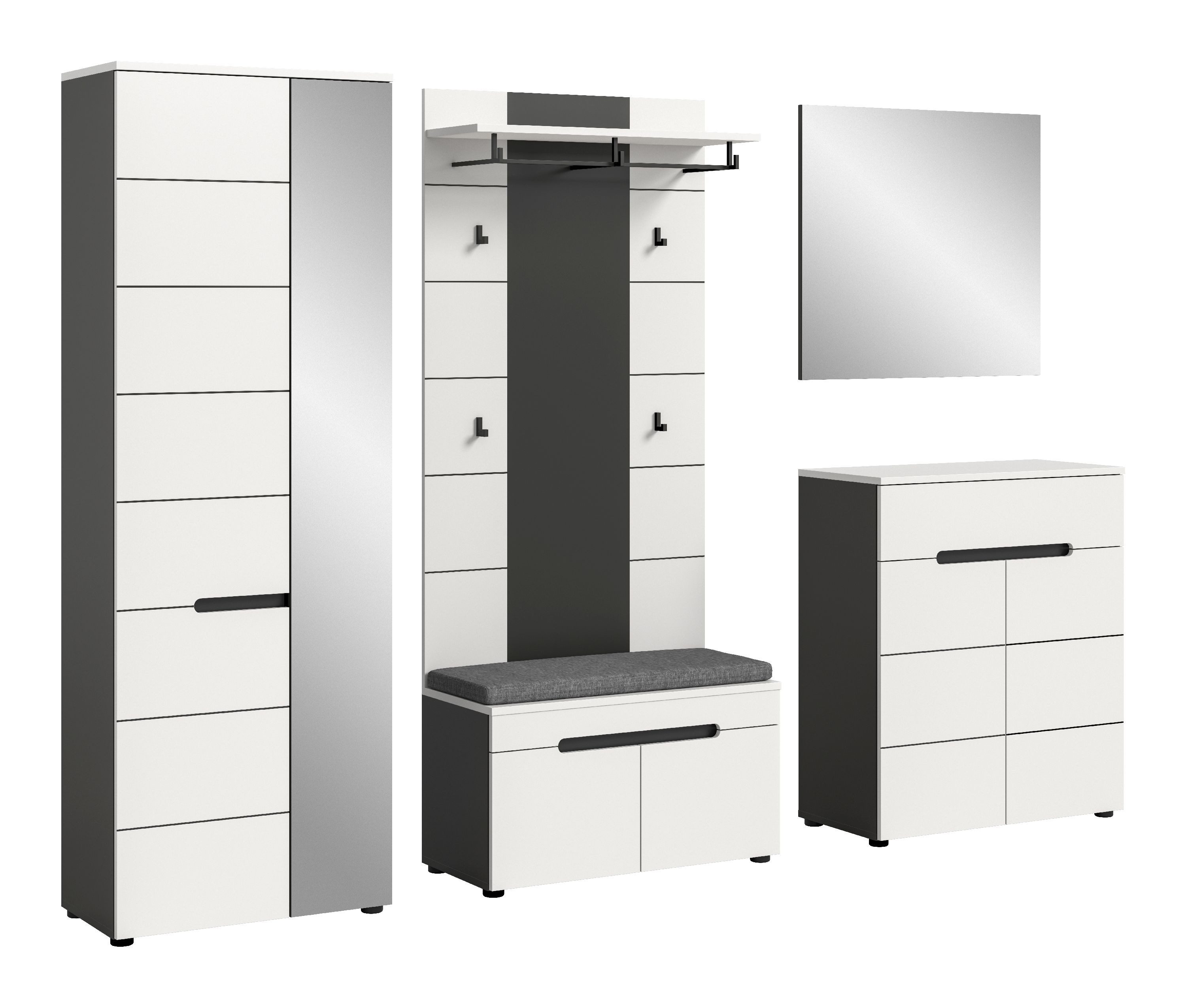 xonox.home Garderoben-Set Canu, (6tlg. Set inkl. Garderobenschrank, Sitzbank, Paneel, Schuhkommode), Basalt grau Nachbildung Melamin beschichtet modern 255x190x37 cm