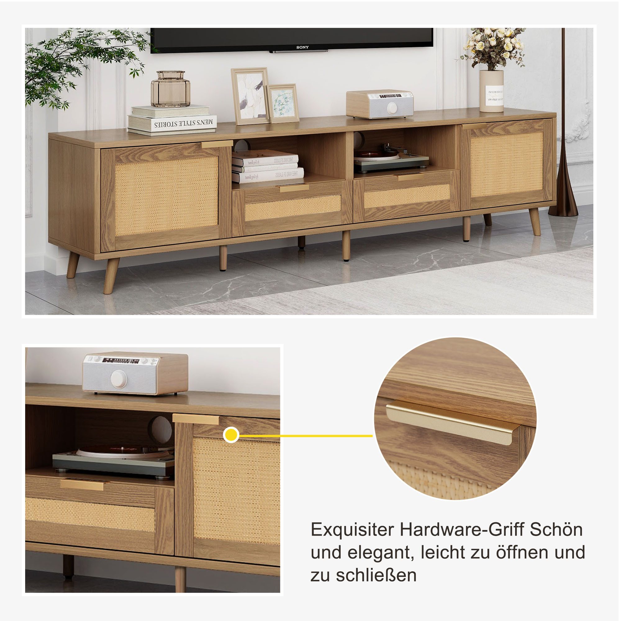 Merax Lowboard Holz mit 2 Schubladen und 2 Türen, Fernsehtisch mit Rattangeflecht Design,TV-Board