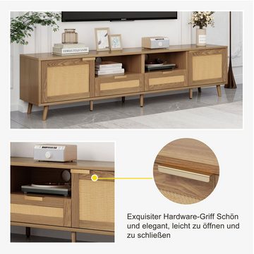 Merax Lowboard Holz mit 2 Schubladen und 2 Türen, Fernsehtisch mit Rattangeflecht Design, TV-Board