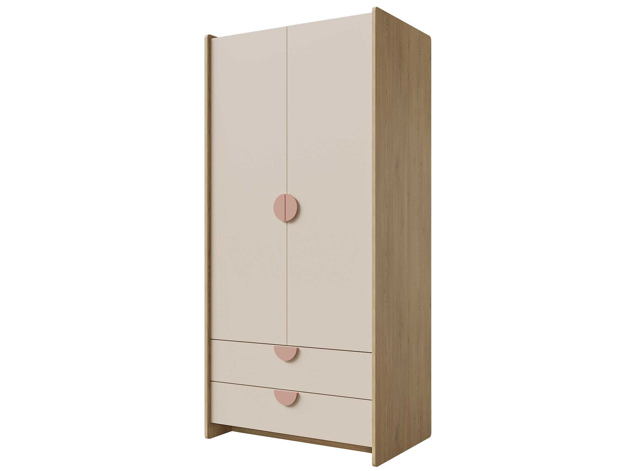 Beautysofa Kleiderschrank LENA mit 2 Türen und 2 Schubladen (Breite: 83 cm, Kleiderstange und Regalböden) Eiche Cremona/Macadamia/Puderrosa